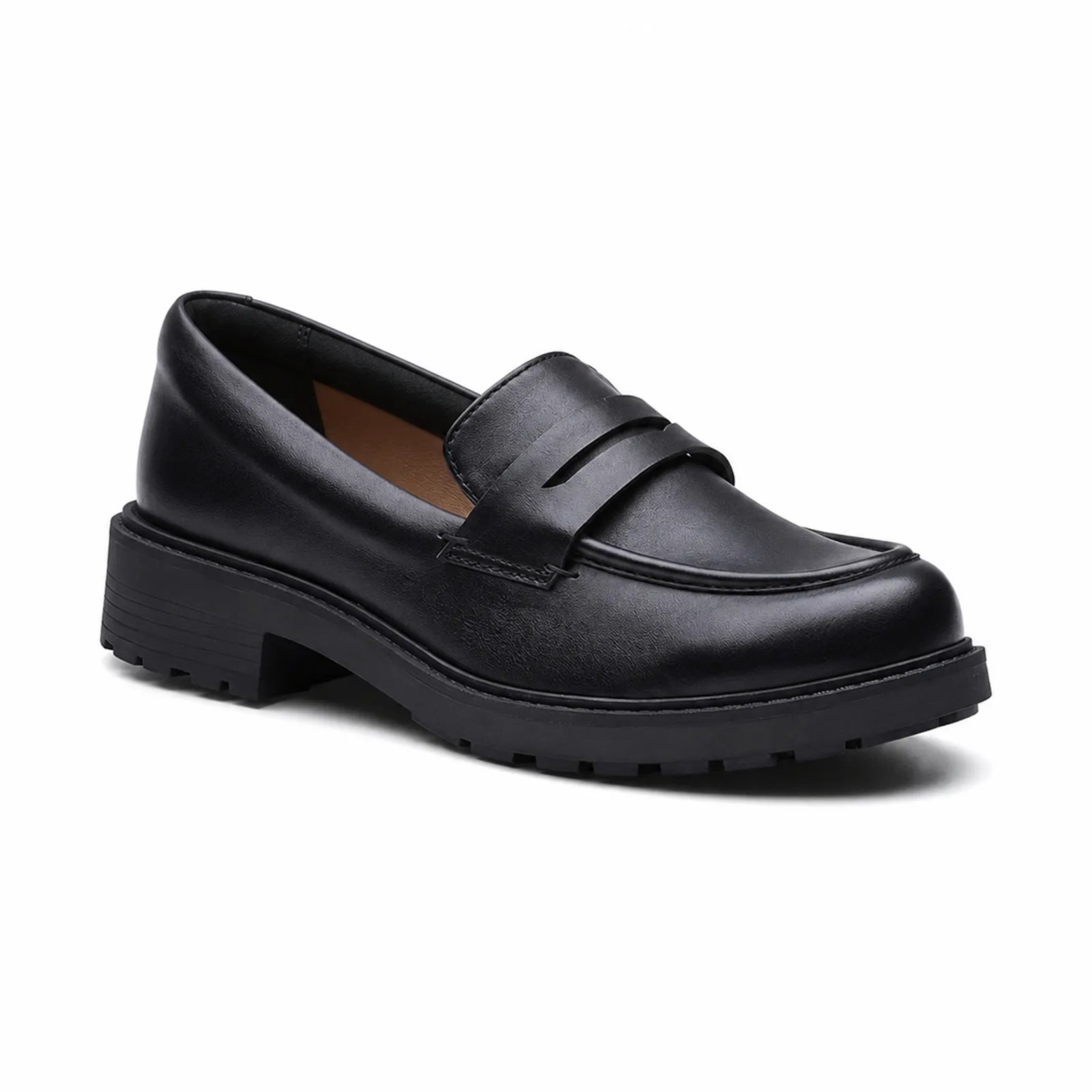 Black leather penny loafer shoes with side strap and low block heel
