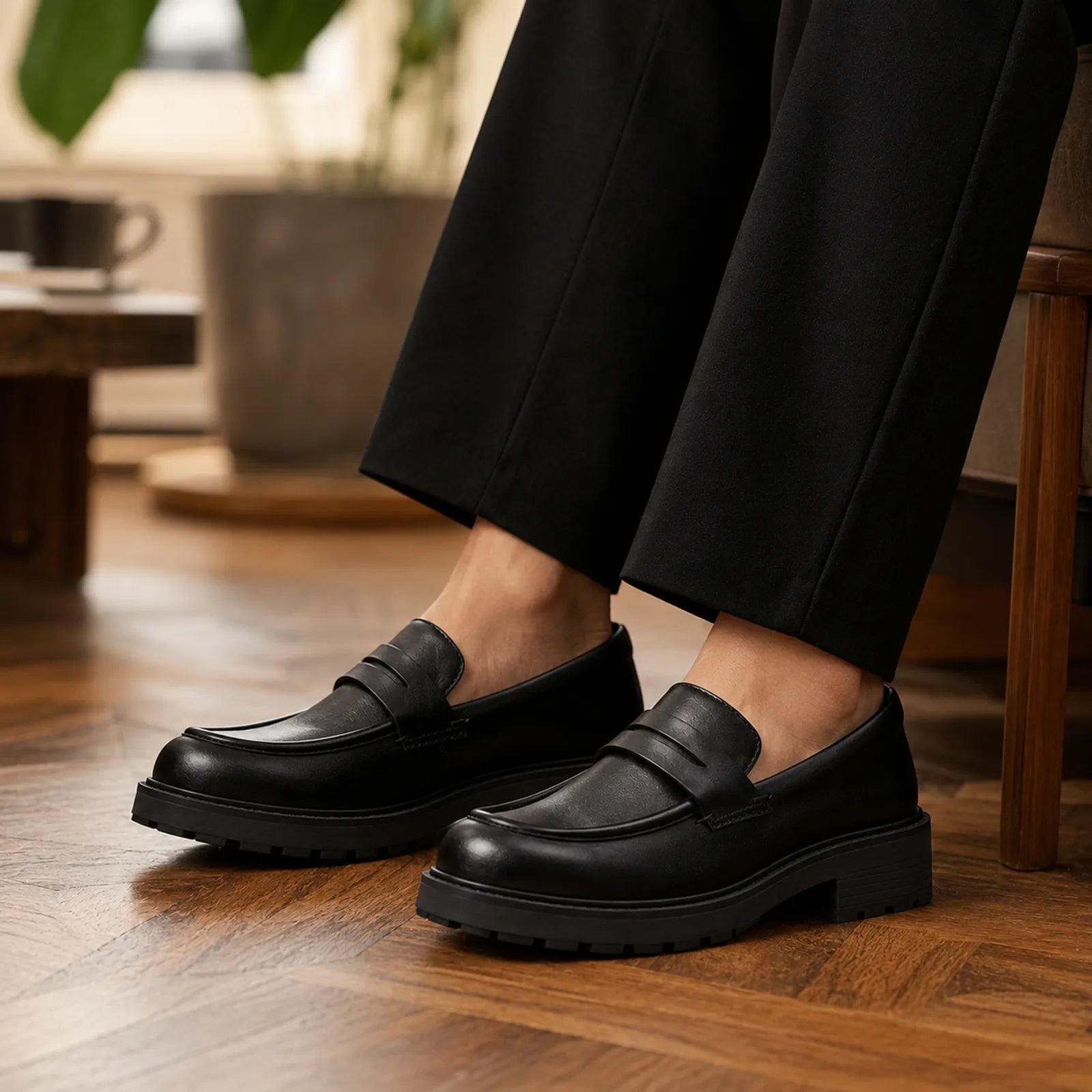 Women's black leather penny loafers with strap detail and thick rubber sole