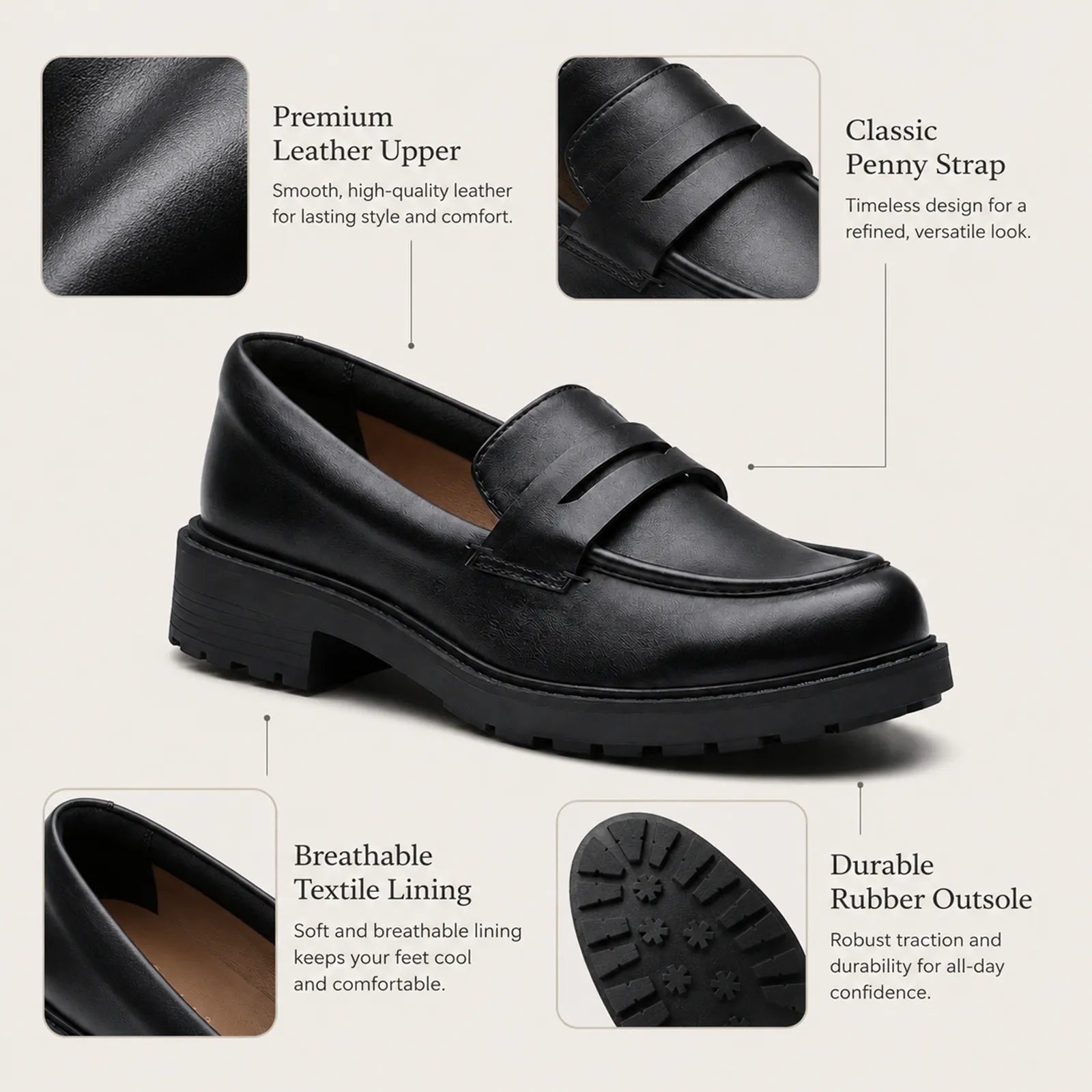 Women's black leather penny loafers with slip-on penny strap and durable rubber outsole