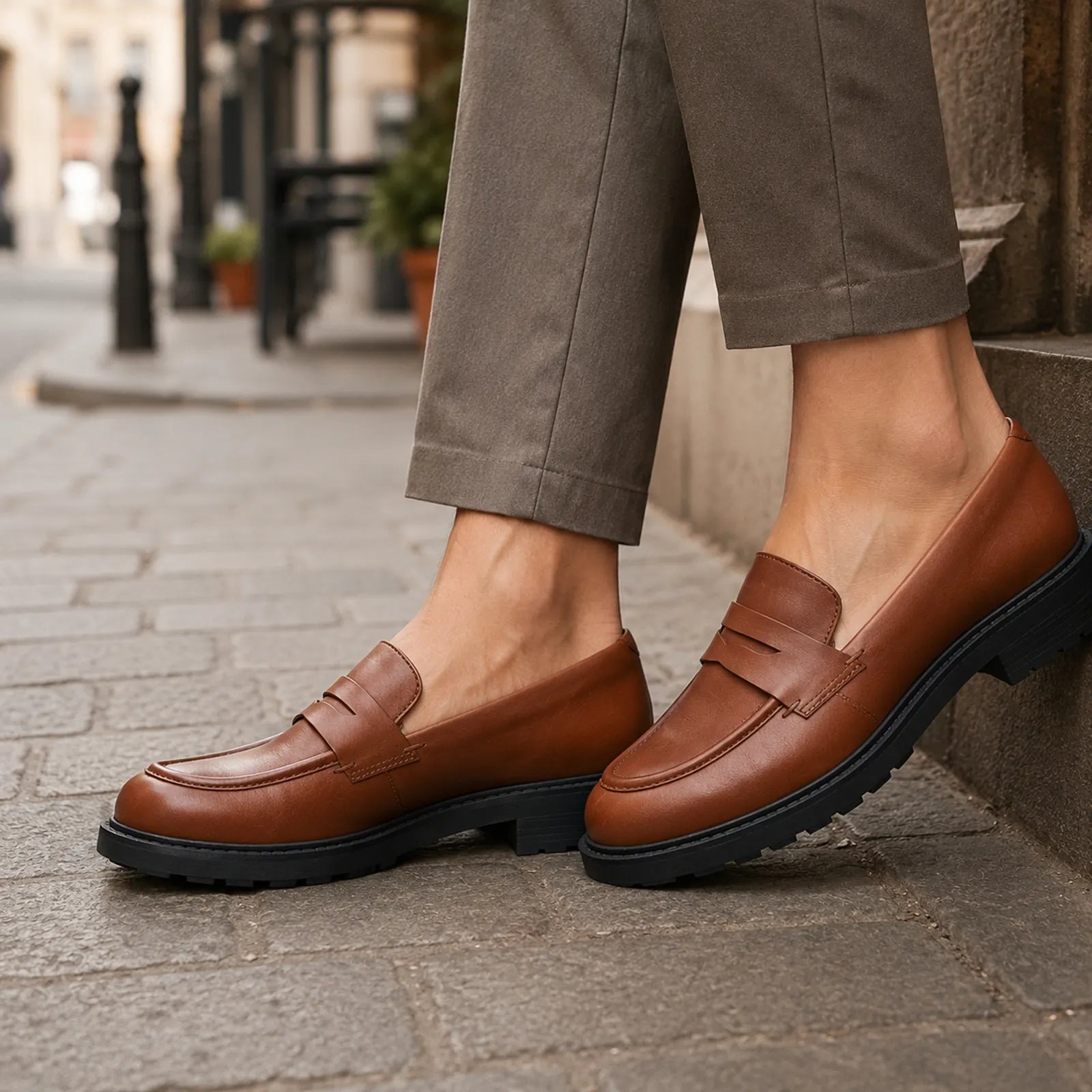 Brown leather women's penny loafers with penny strap and rugged rubber sole