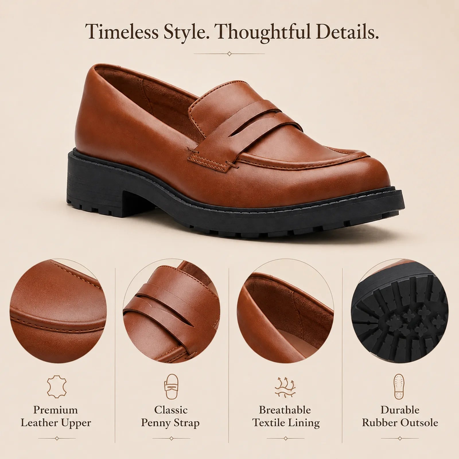 Brown leather women's penny loafers with classic penny strap and durable rubber outsole