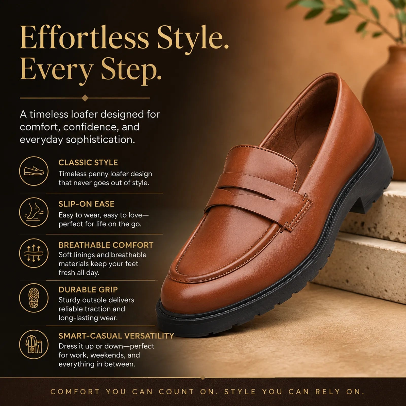 Brown leather penny loafer for women with side strap and low block heel