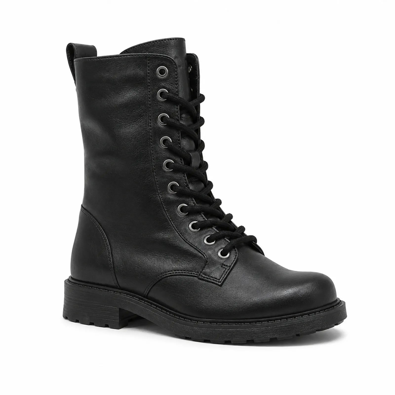 Black leather lace-up women’s boots with padded collar and chunky rubber sole