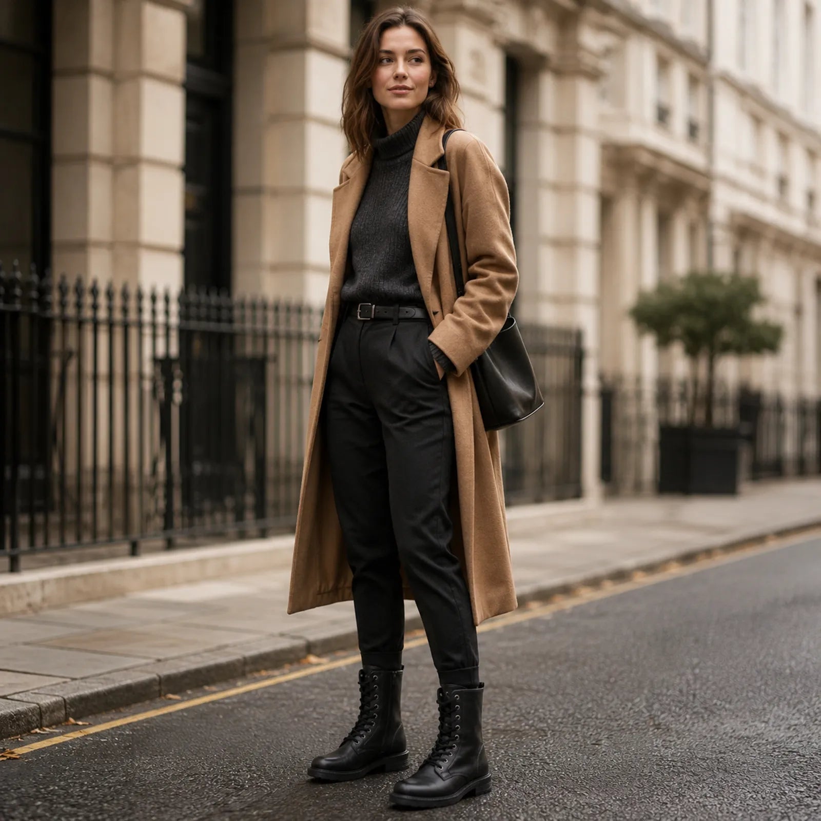 Black leather lace-up tall boots with rugged sole