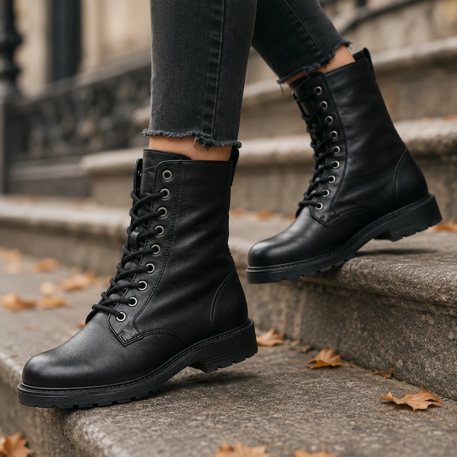 Black leather lace-up ankle boots with sturdy tread sole