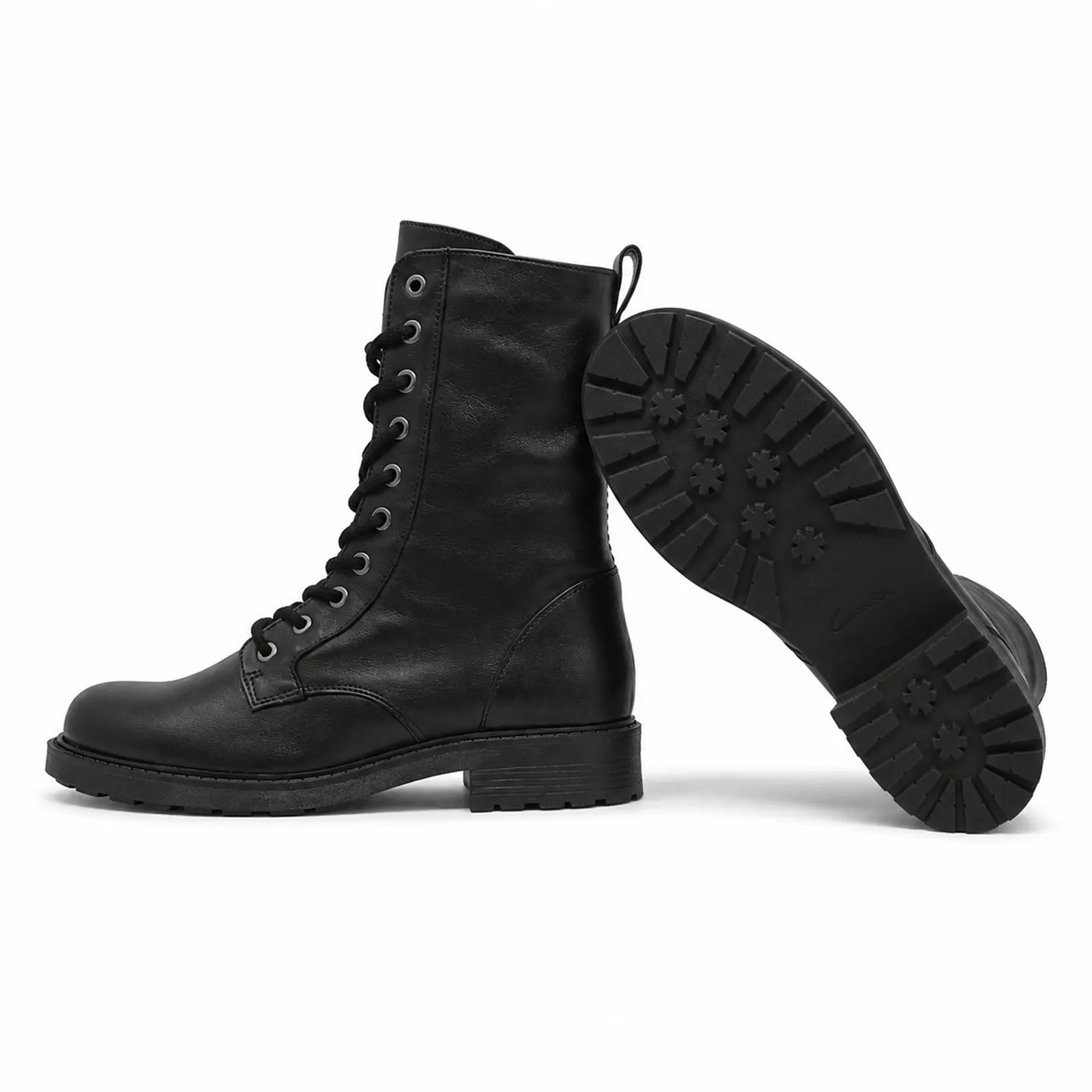 Black leather lace-up ankle boots with visible outsole tread pattern
