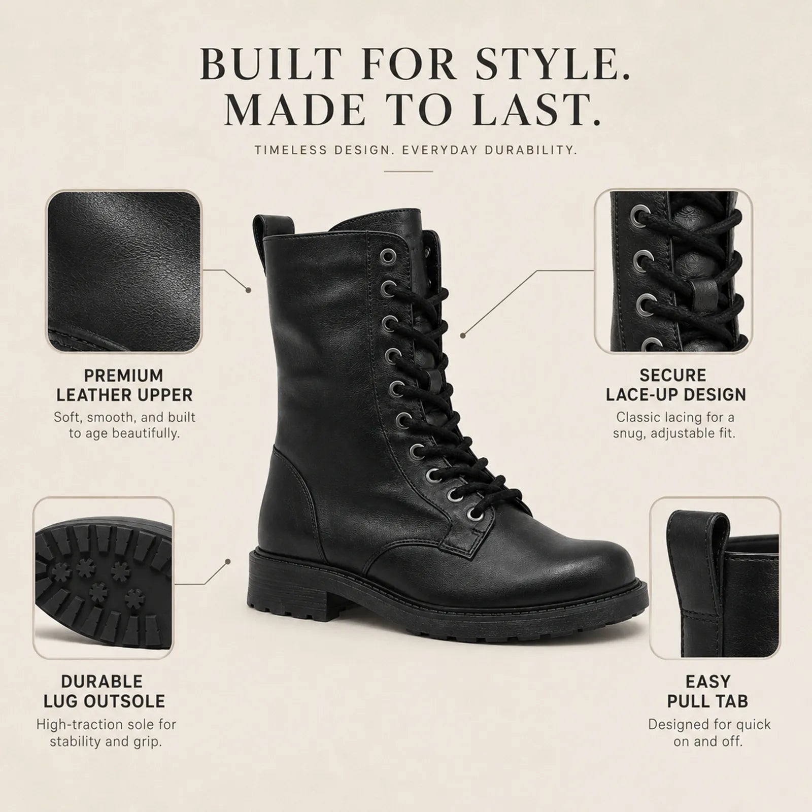 Women's black leather lace-up ankle boots with rugged lug sole and pull tab