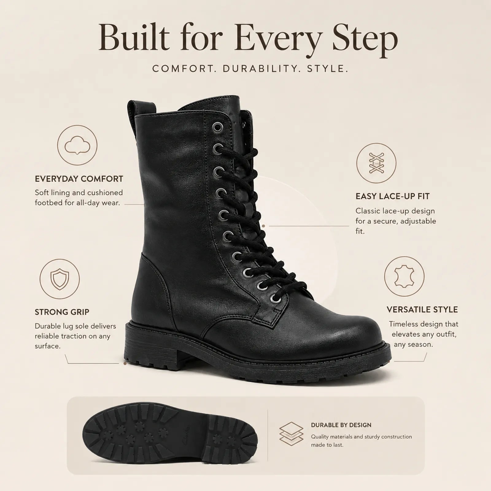 Women's black leather lace-up ankle boots with thick lug outsole