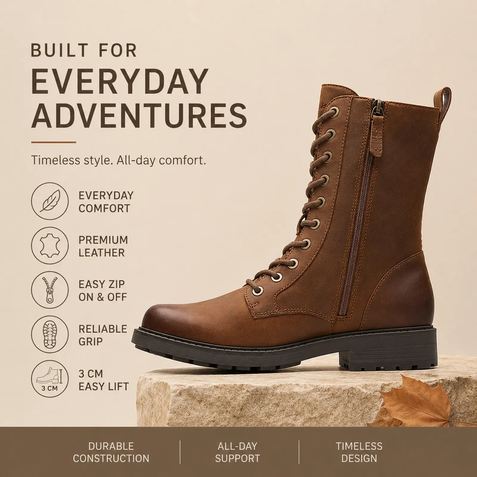 Brown leather lace-up ankle boots with side zip and grippy rubber sole