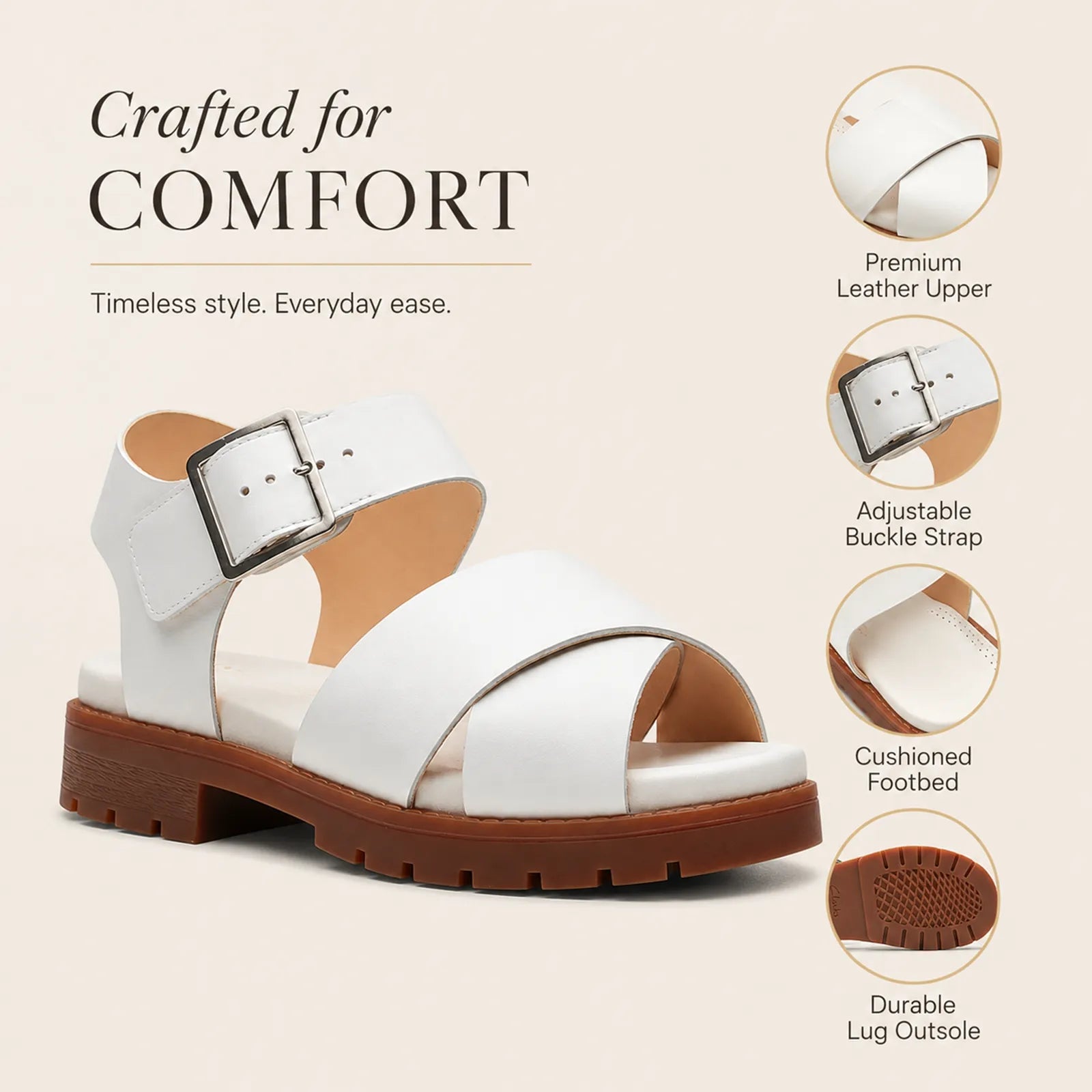 Cream white leather cross-strap sandals with adjustable buckle and lug outsole