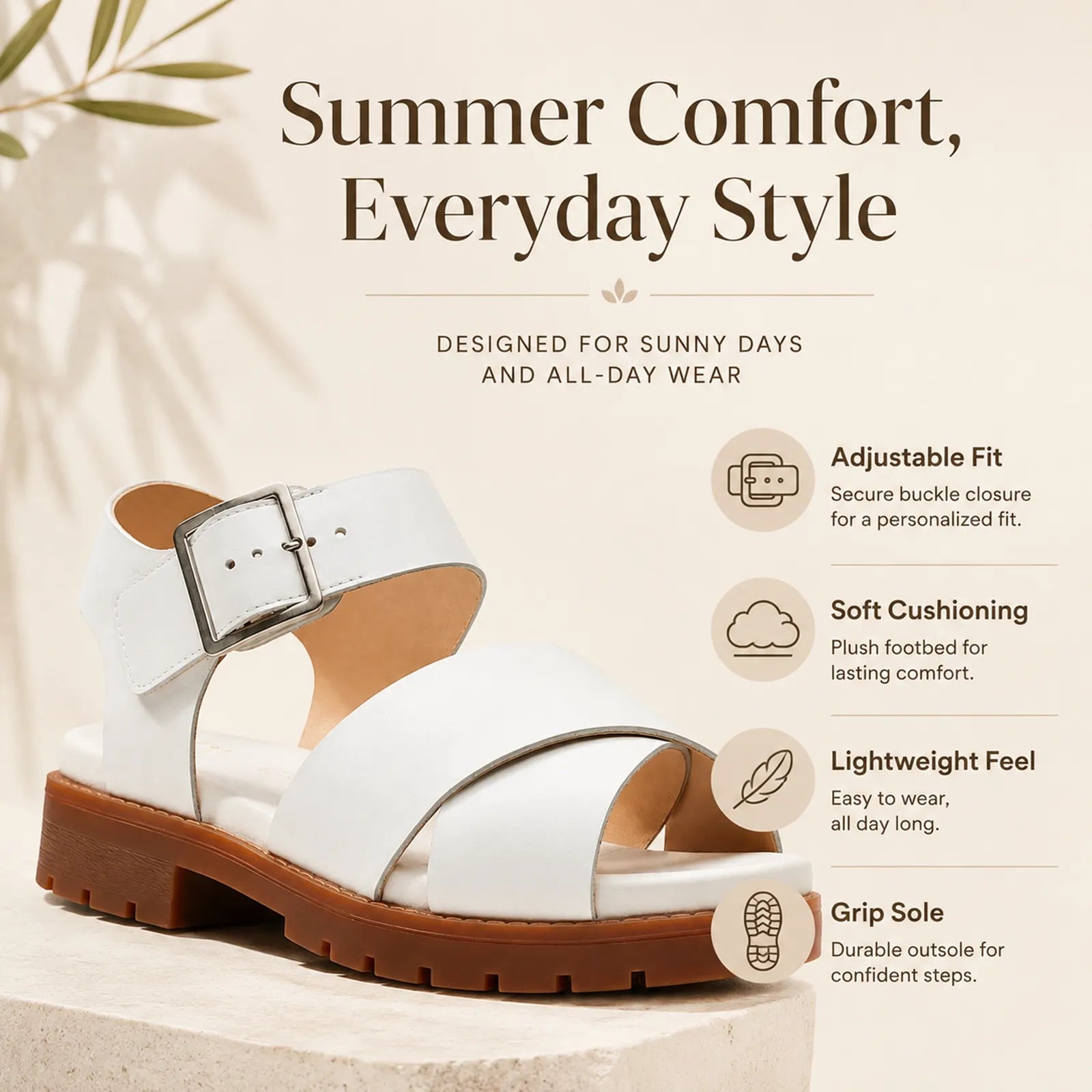 Women's cream leather open-toe cross-strap sandals with adjustable buckle strap