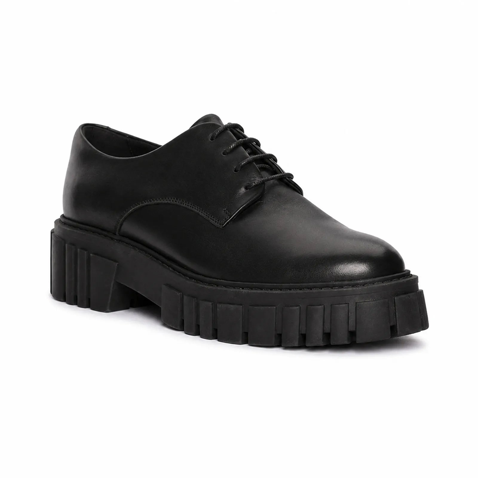 Women's black leather lace-up business shoes with chunky block heel