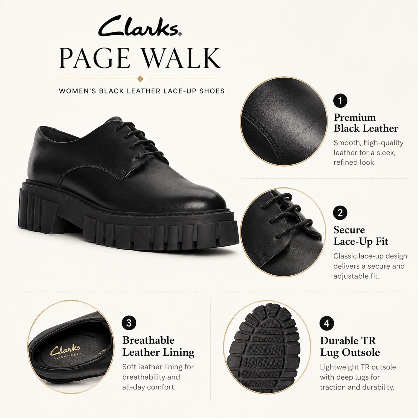 Women's black leather lace-up shoes with chunky platform lug sole
