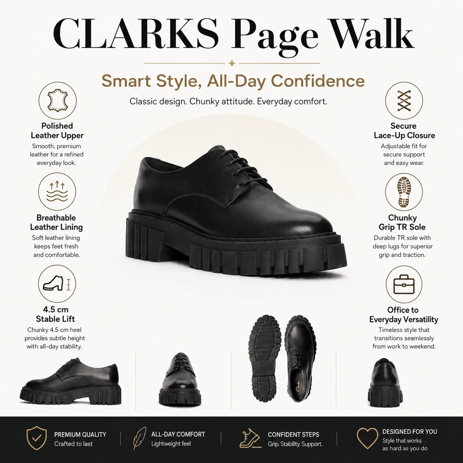 Women's black leather lace-up shoes with chunky lug outsole