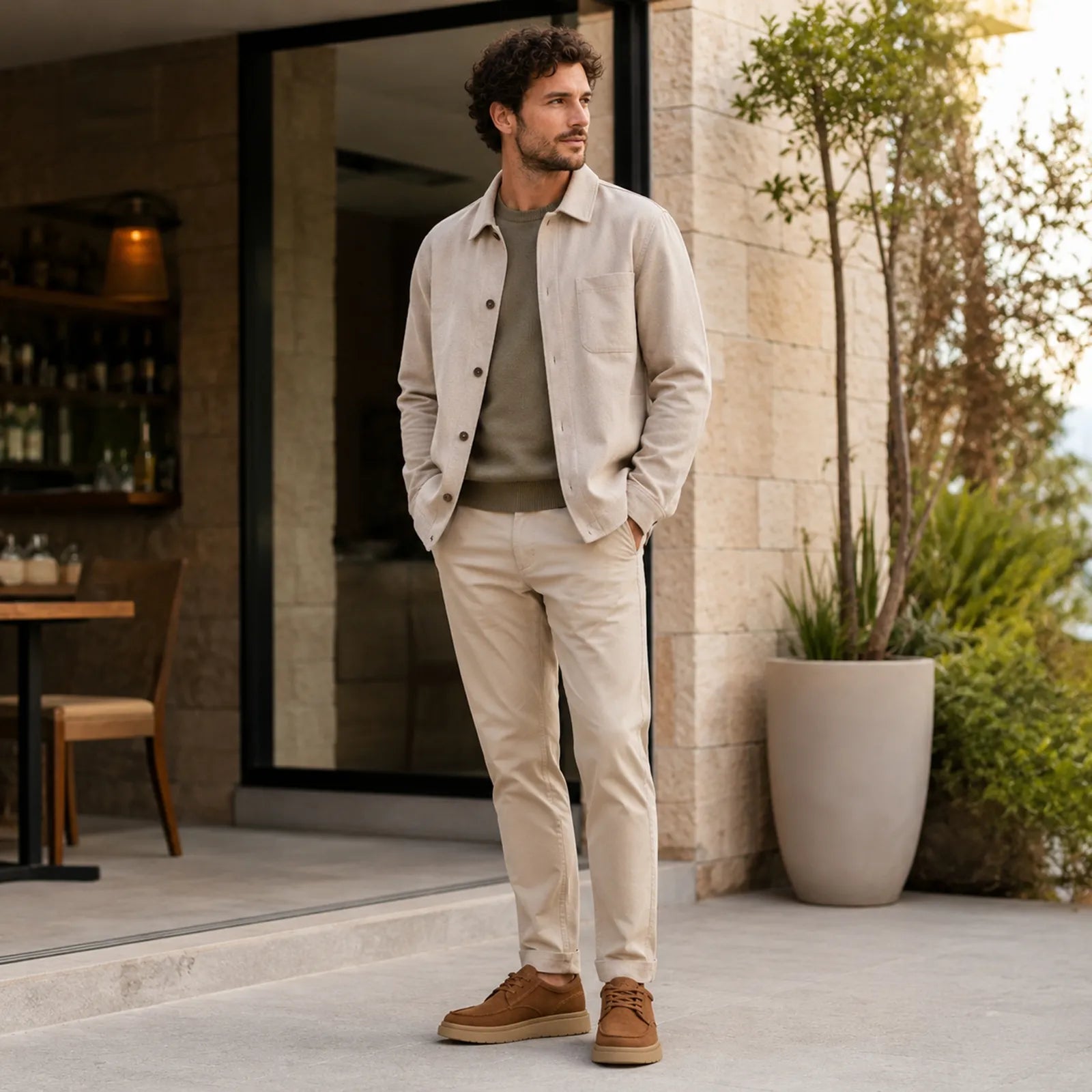 Dark brown suede lace-up loafers on feet with light pants