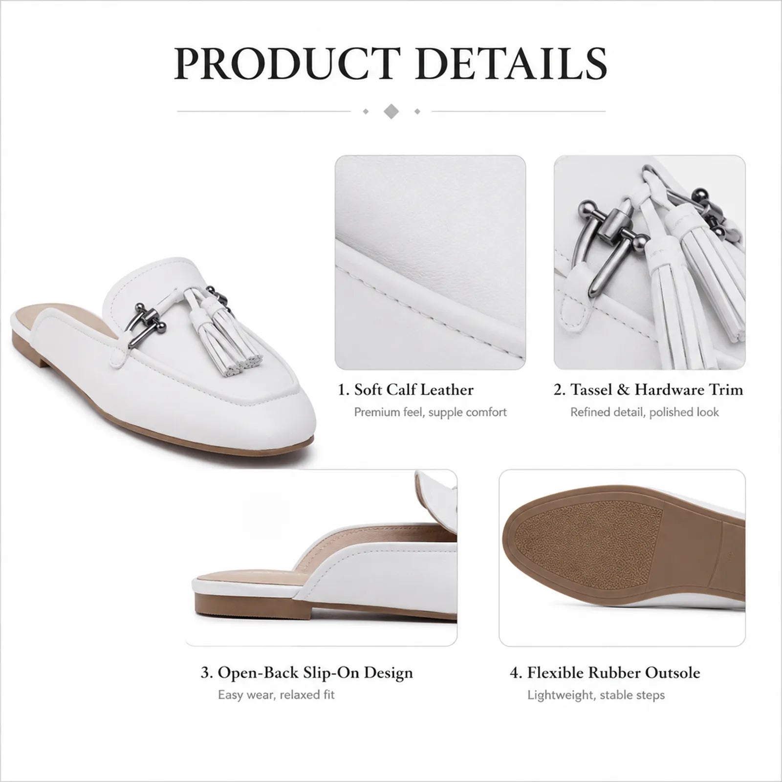 White slip-on flats with stitched upper, tassel hardware trim, flexible sole