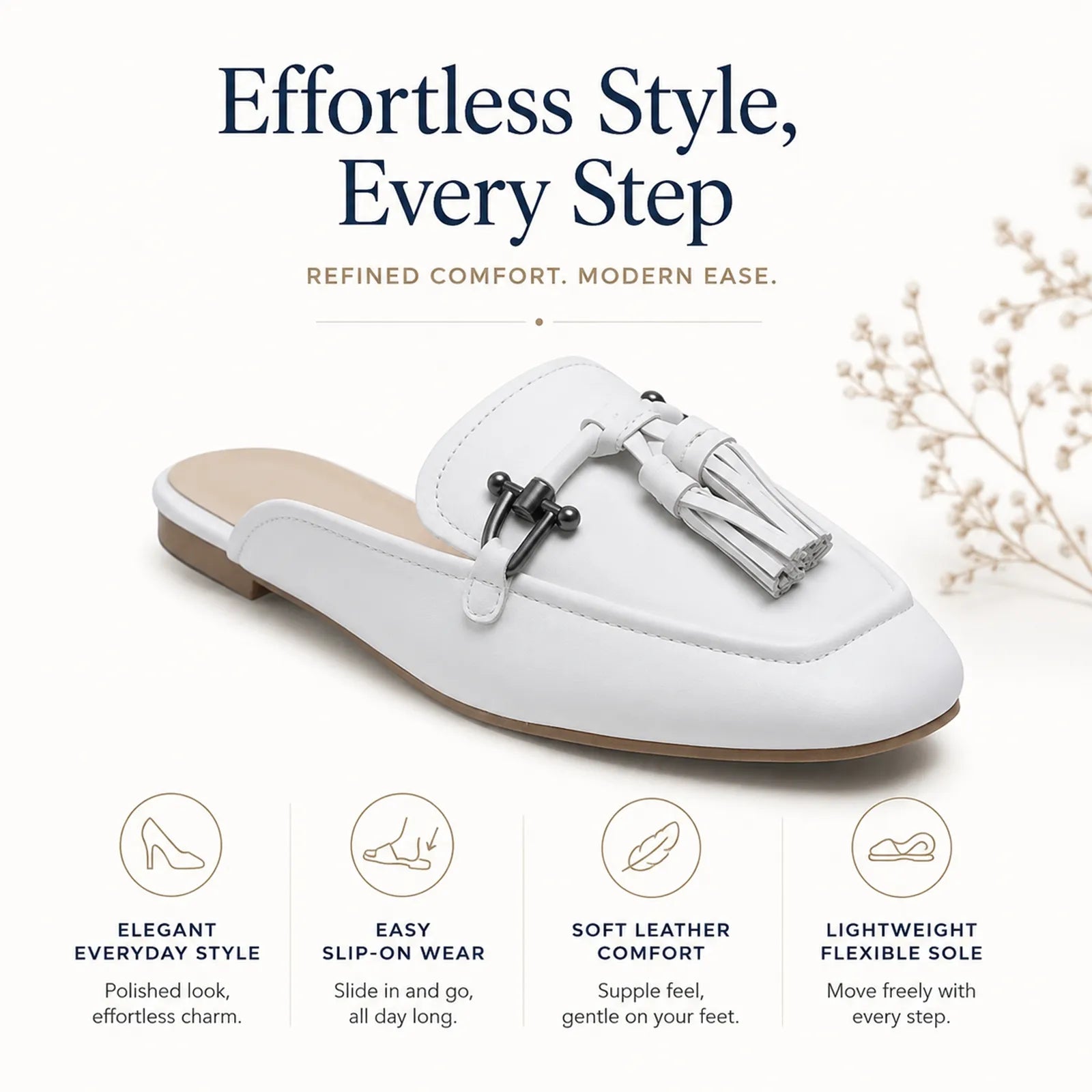White women’s slip-on flats with tassel hardware trim and light outsole