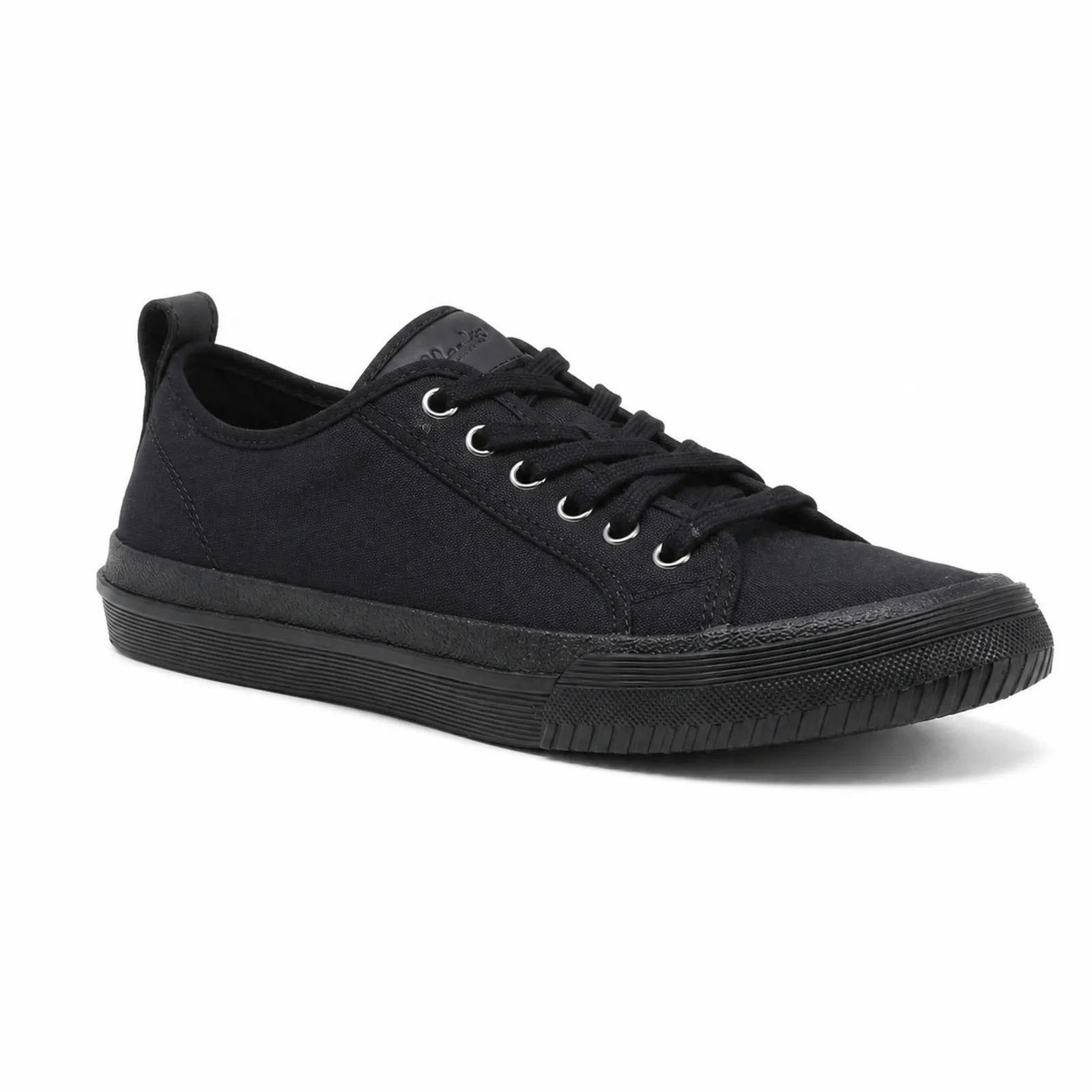 Black canvas lace-up men's sneakers with low-profile rubber outsole