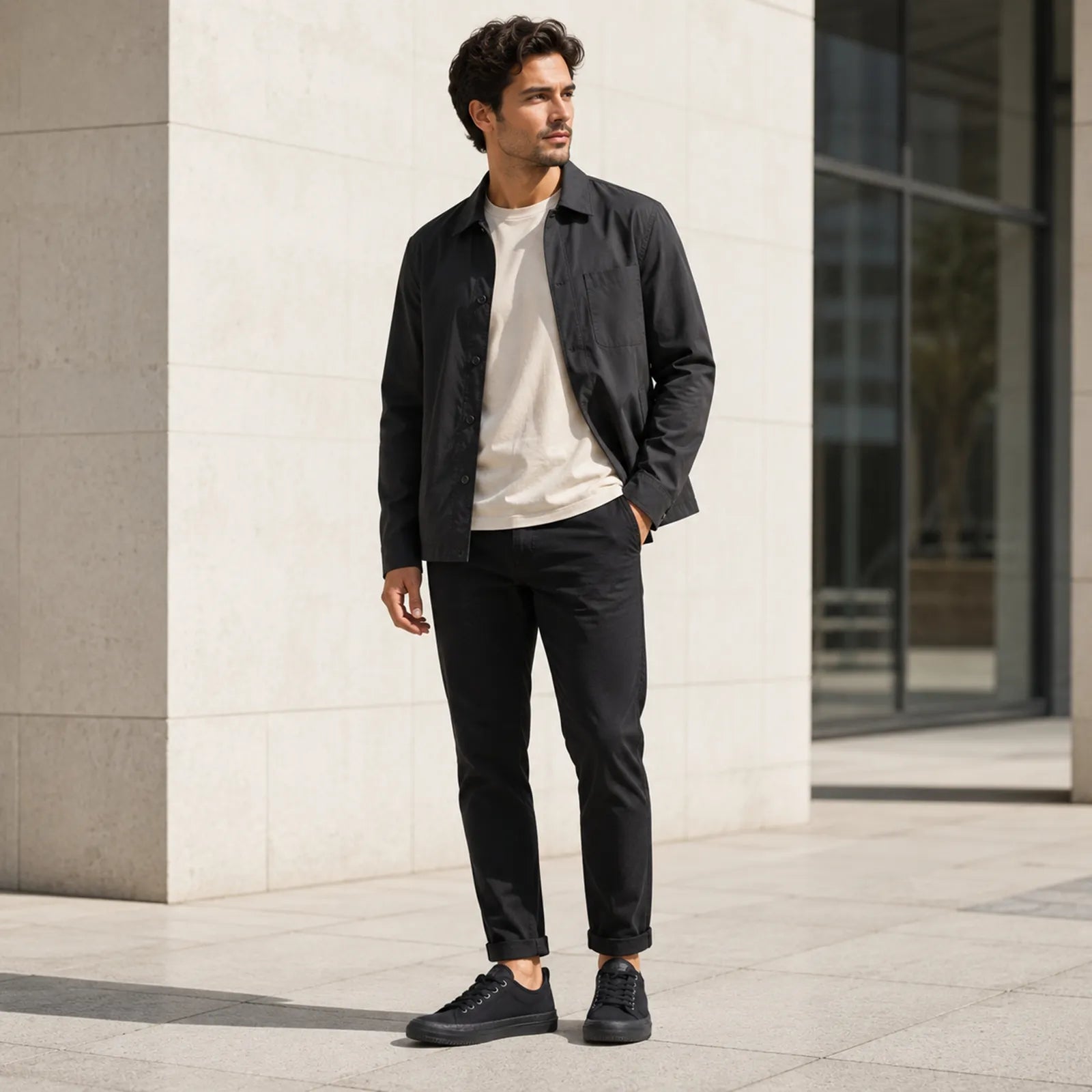 Black lace-up sneakers on model, with stitched side panel and textured sole