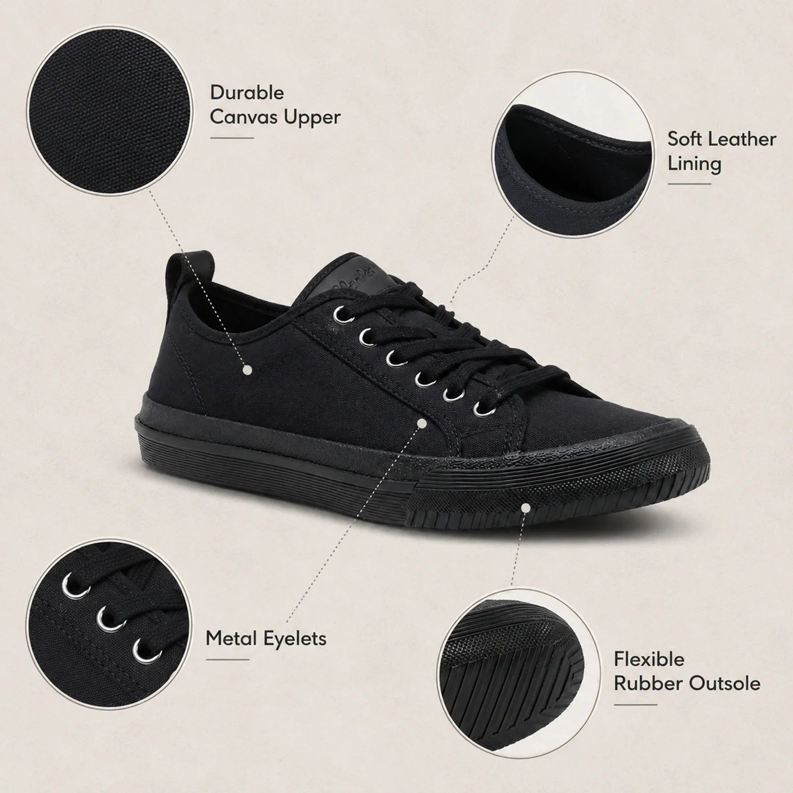 Black canvas sneakers with lace-up front, leather lining, and flexible rubber outsole
