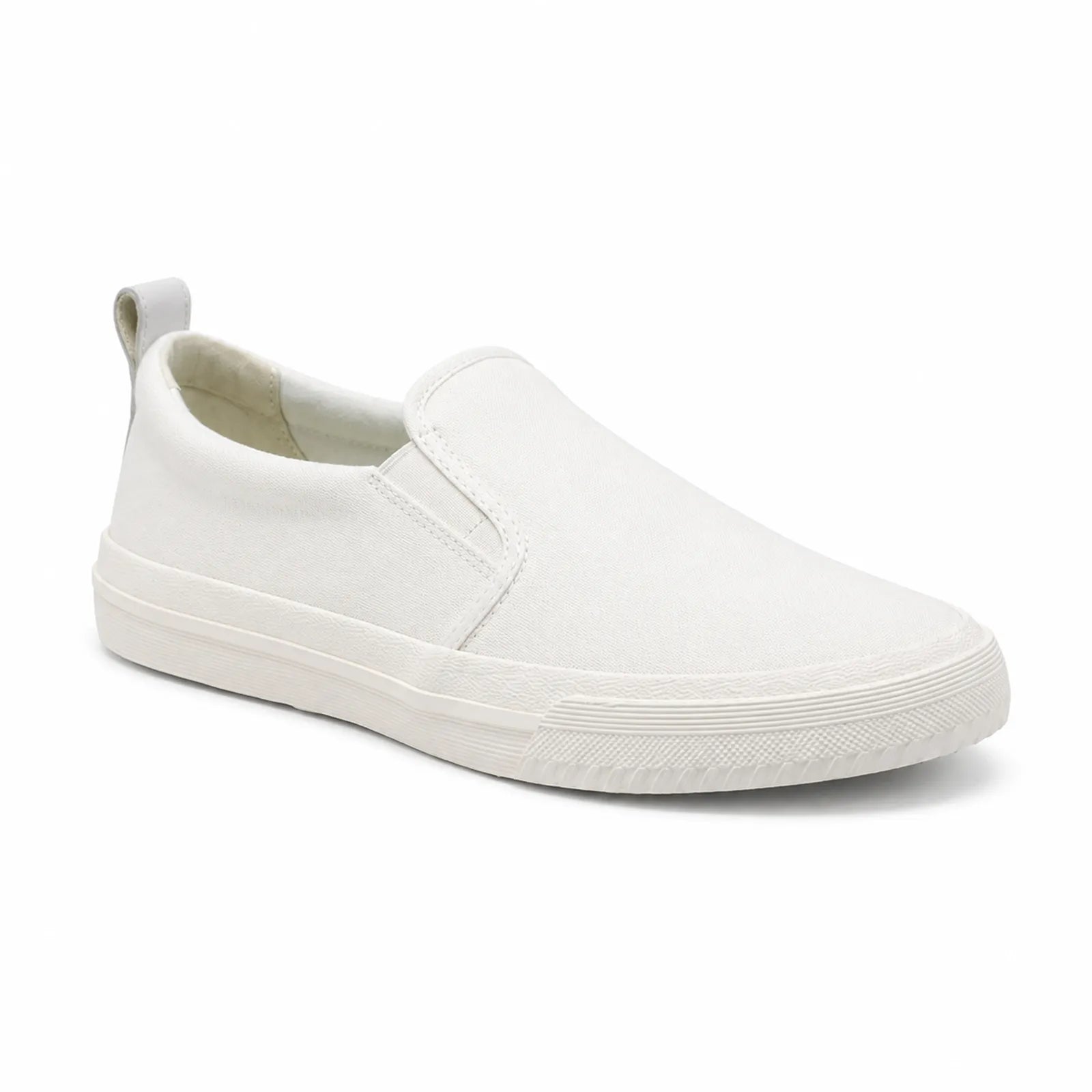 White canvas men's slip-on loafers with stitched panels and rubber sole