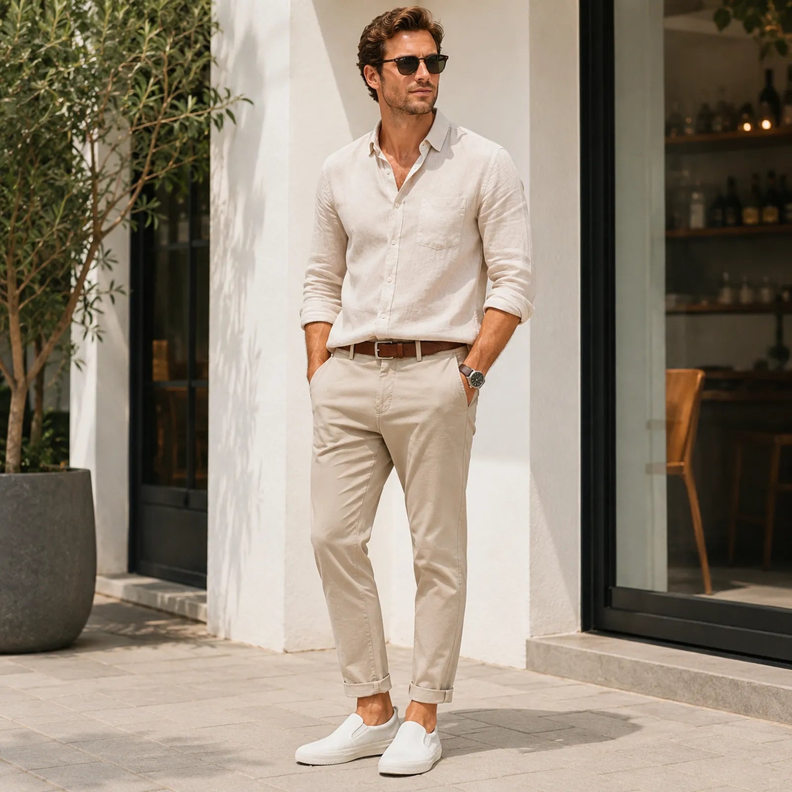 White canvas men's slip-on loafers worn with casual pants, side view