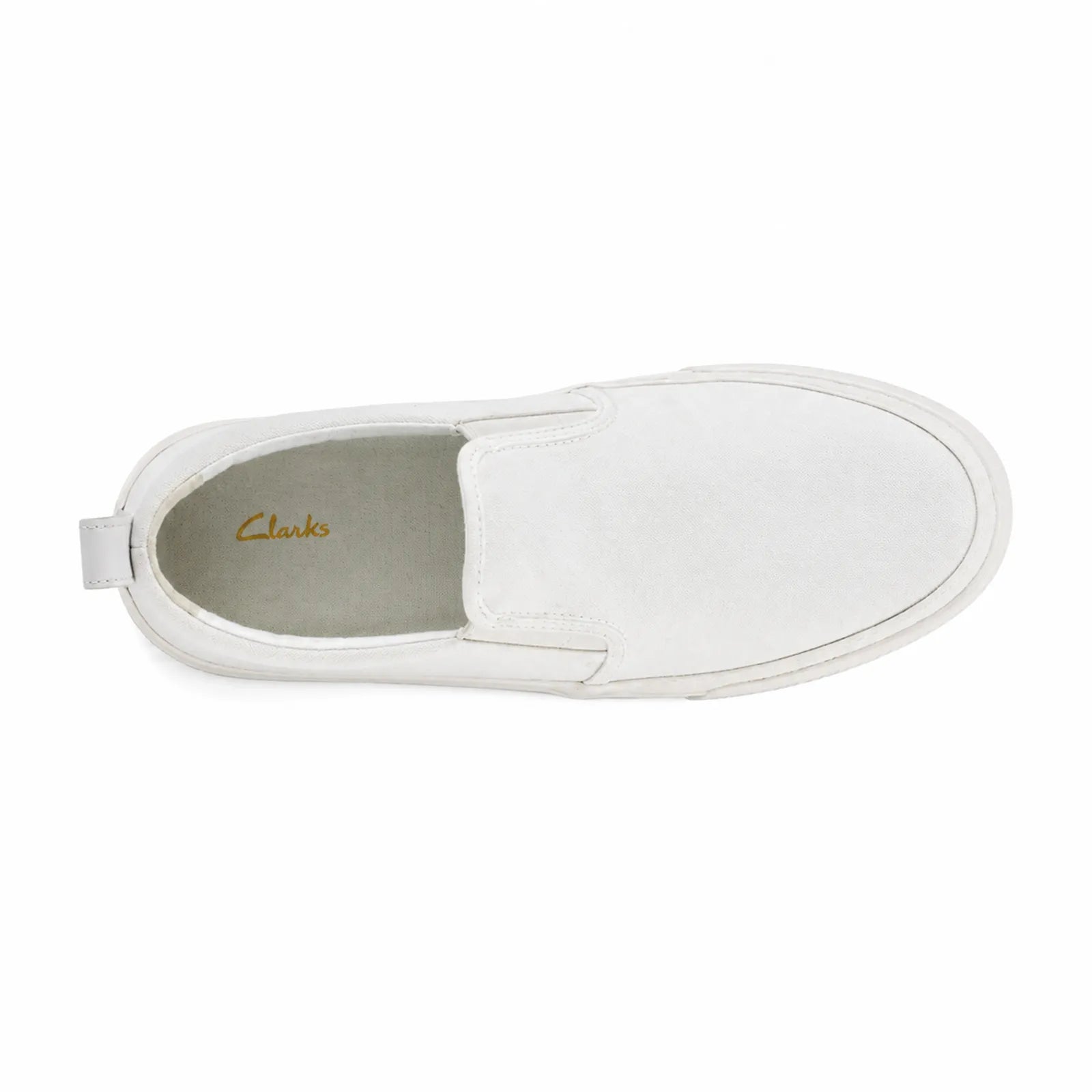 White canvas slip-on loafer with Clarks logo on insole and rubber outsole