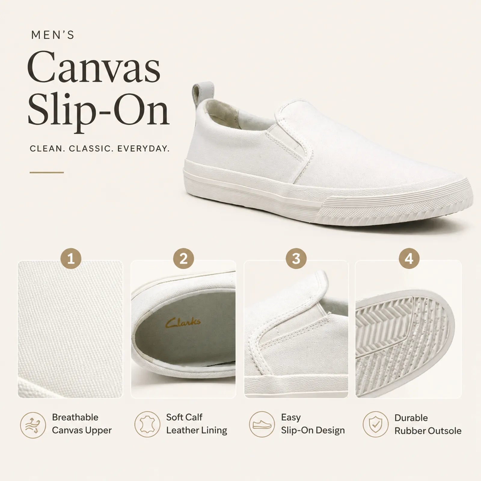 Men's white canvas slip-on loafers with textured rubber outsole