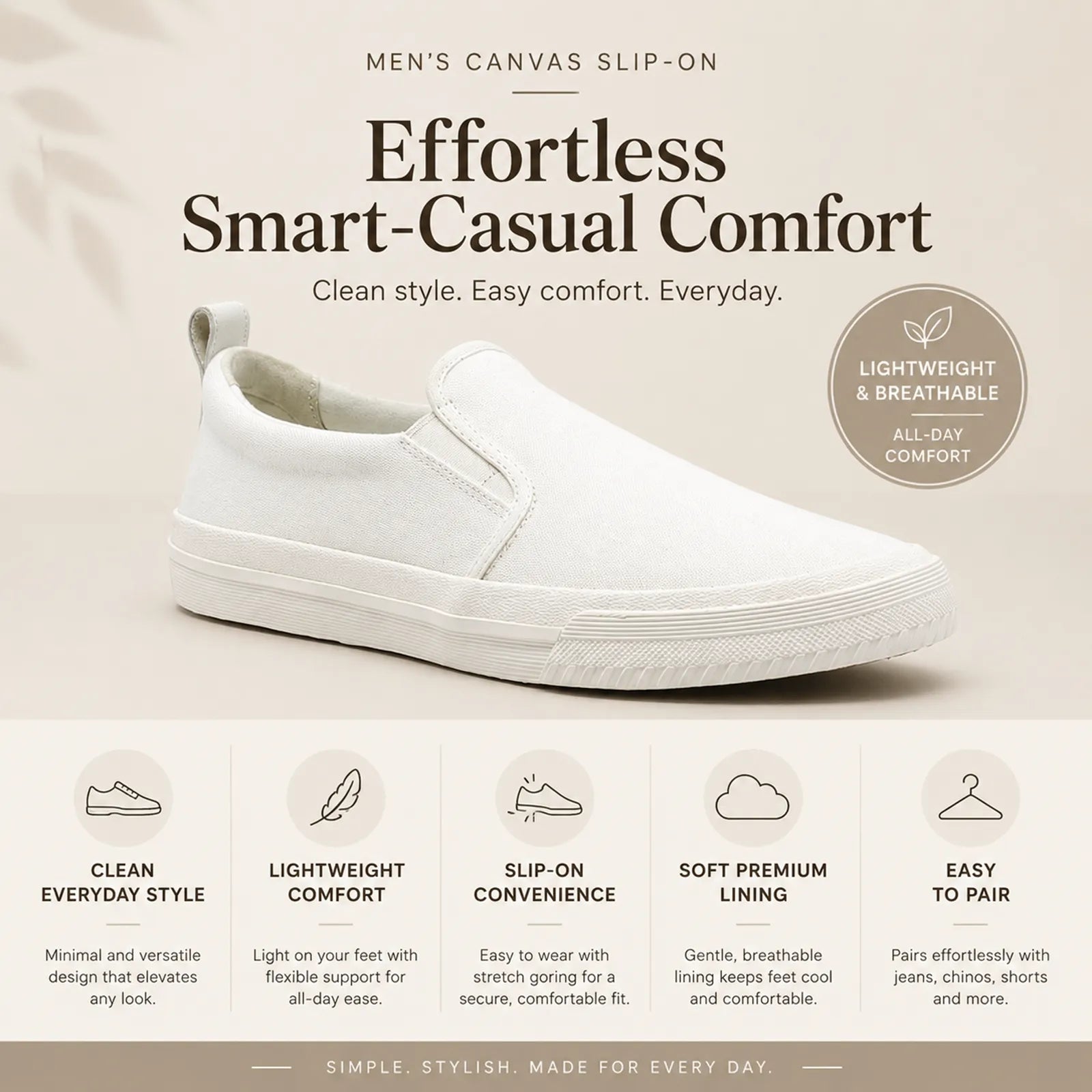 White canvas men's slip-on loafers with smooth upper and rubber sole