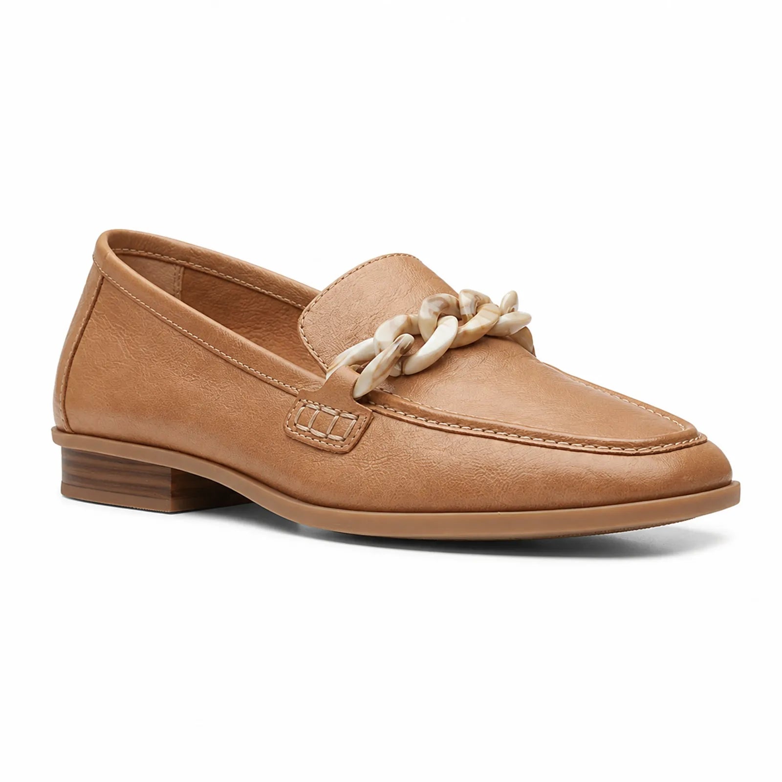 Women's leather loafer in tan with braided chain bit and low stacked heel
