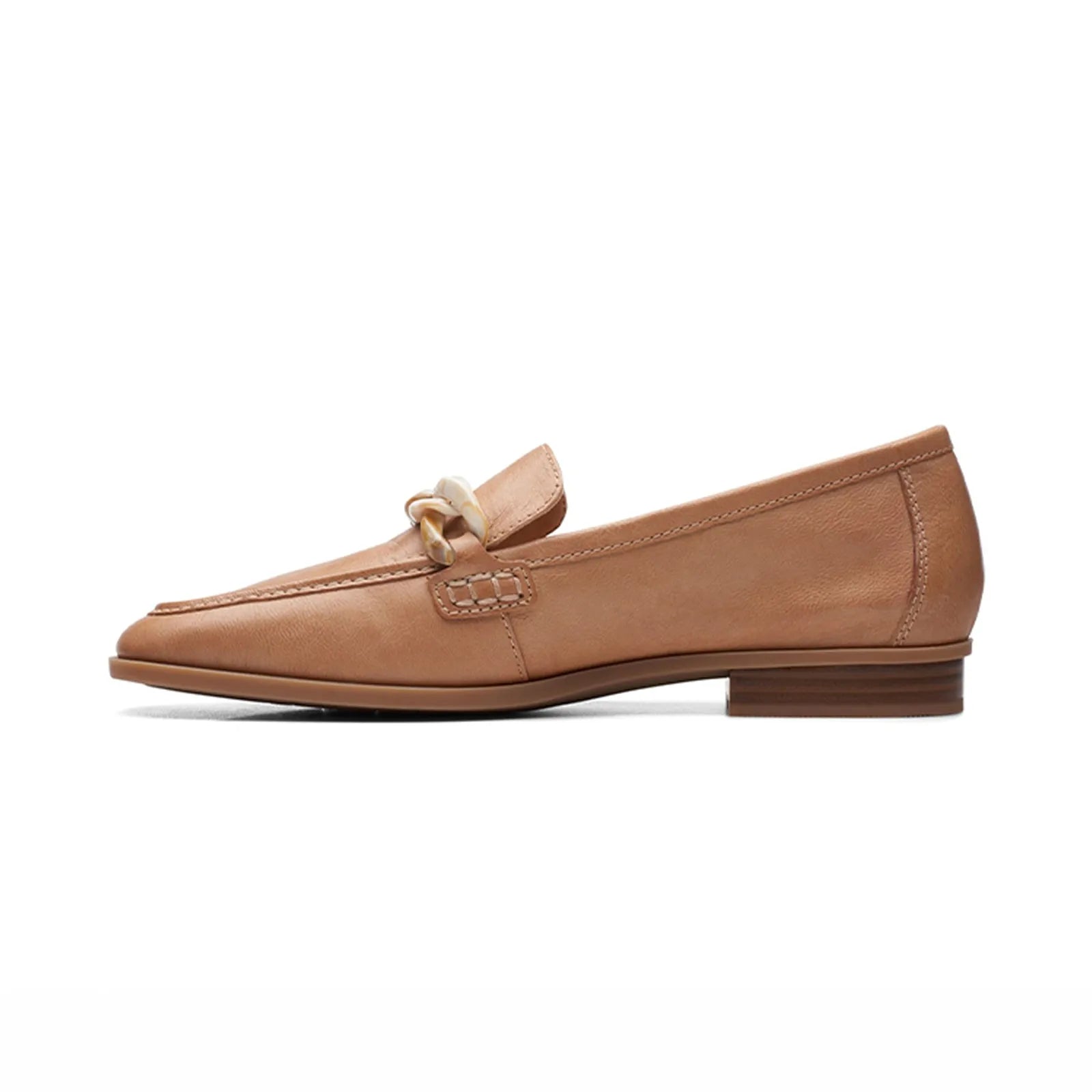 Women's tan leather loafer with braided chain bit and side profile with wood heel