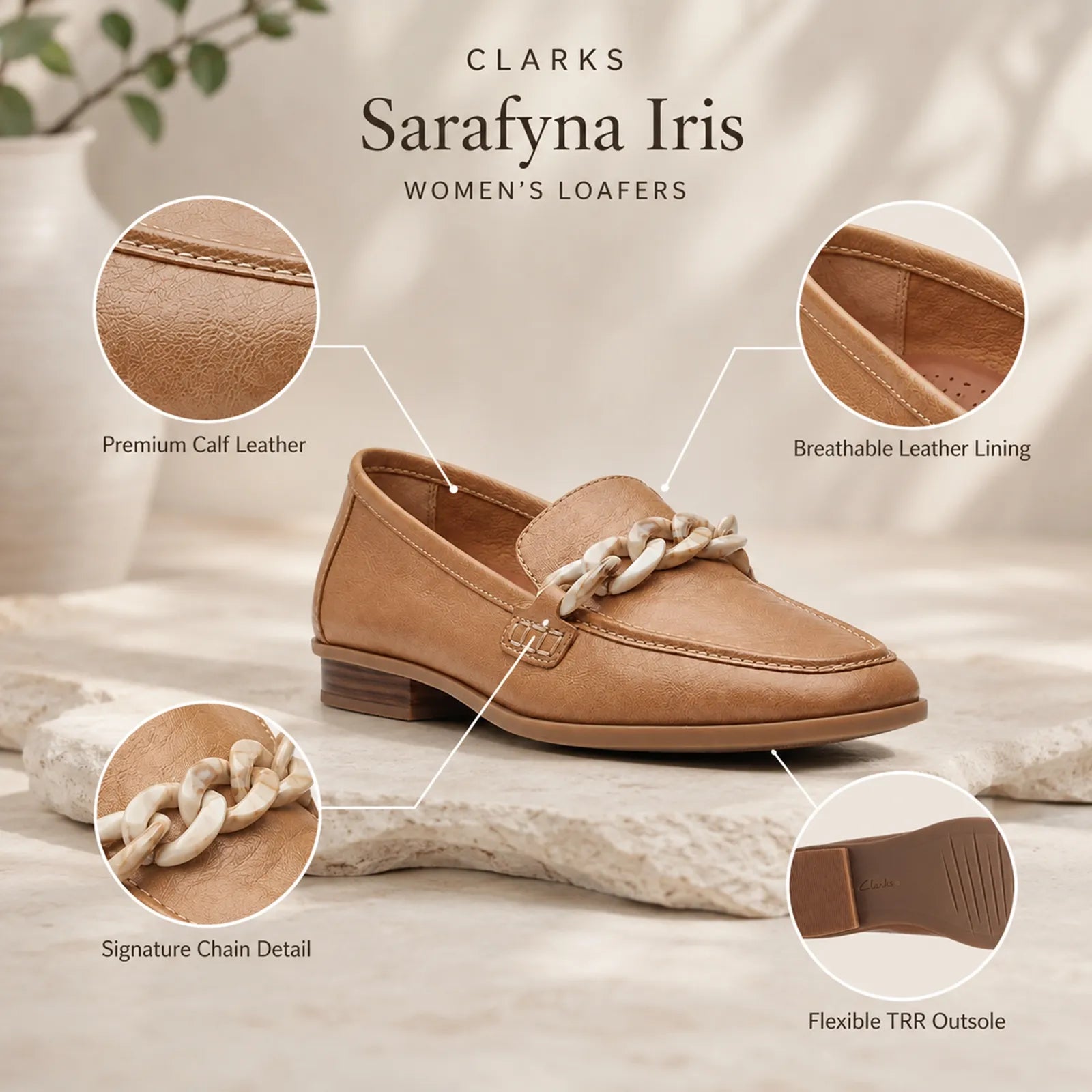 Tan leather loafers with braided chain detail and low block heel sole.