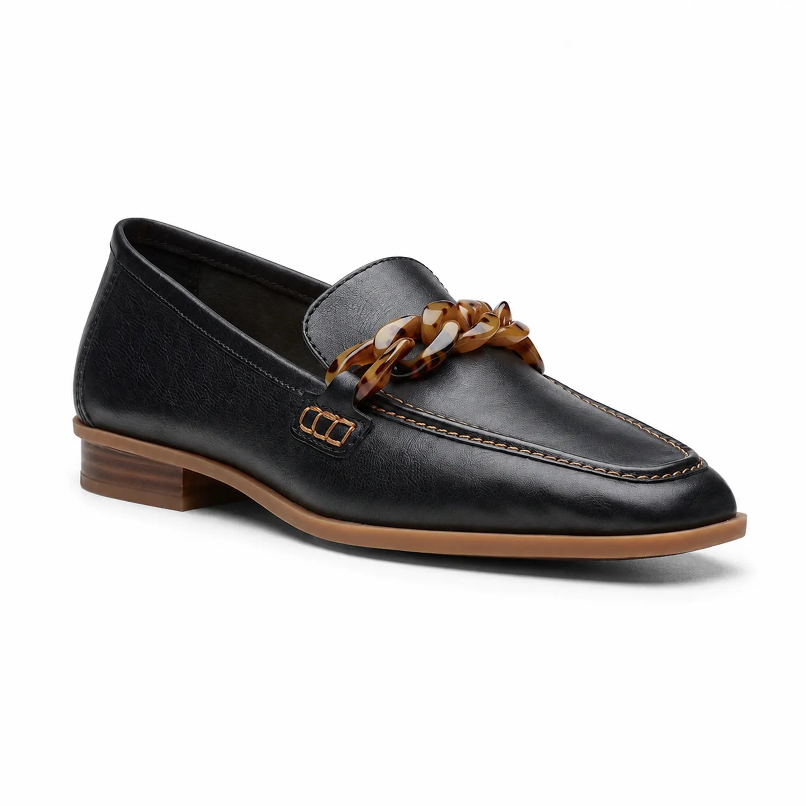Women's leather loafer in dark black with braided chain bit and low stacked heel