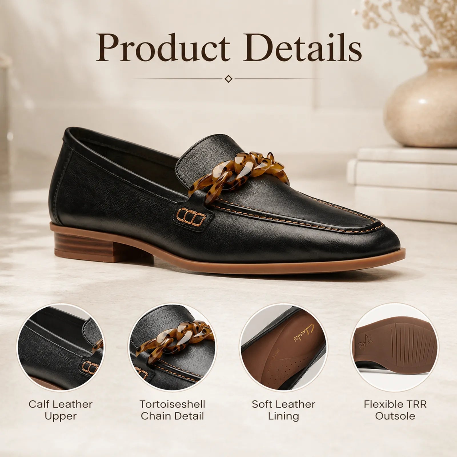 Women's black leather loafer with braided chain bit; stitching and sole detail closeups