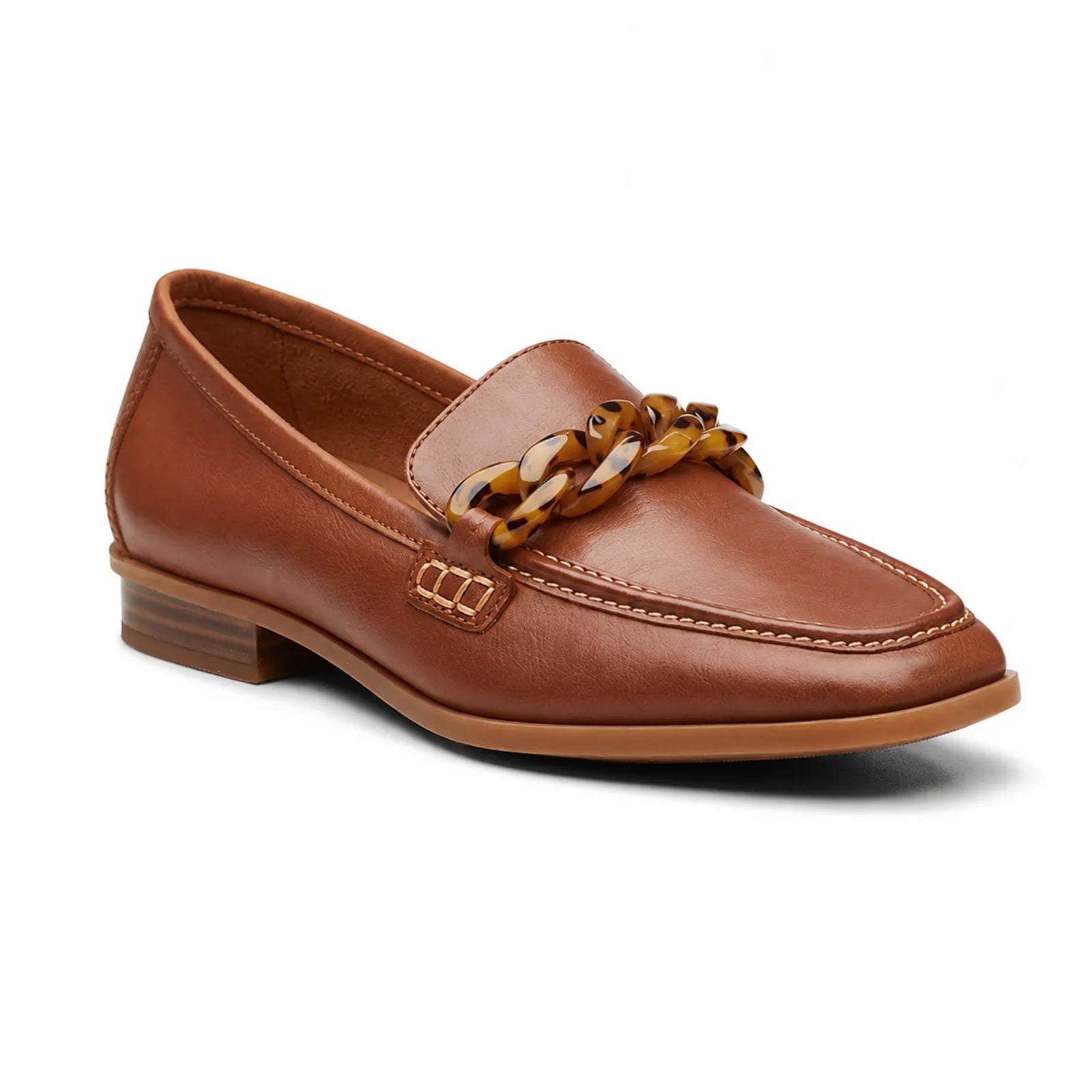 Brown leather loafers with braided chain detail and low block heel.