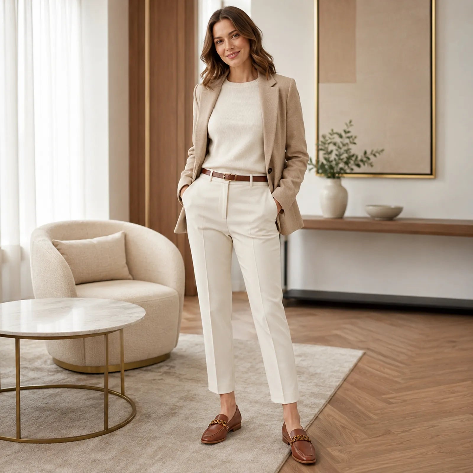 Brown leather loafers with braided chain detail, worn with light trousers.
