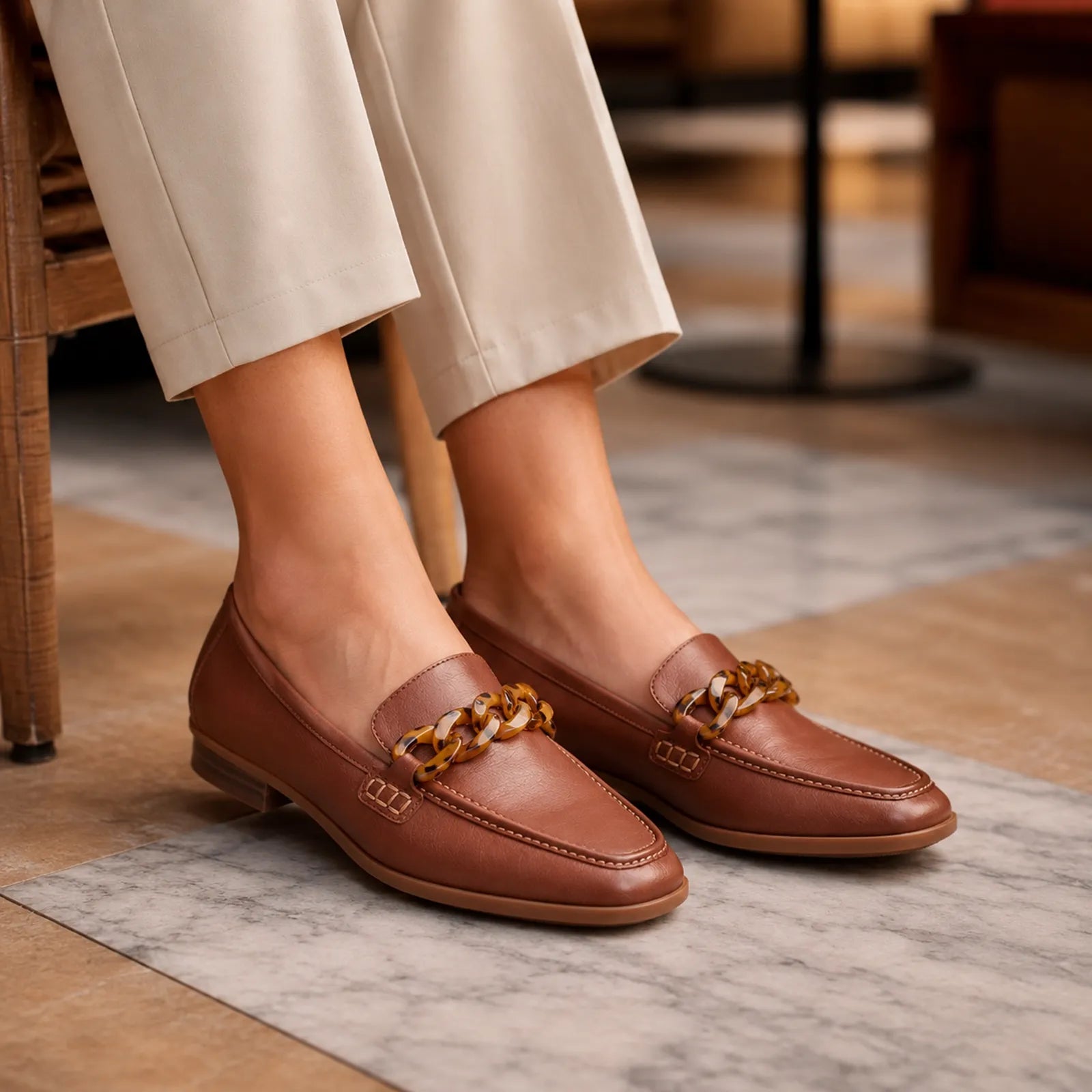 Brown leather women's loafers with gold-tone chain detail and moc toe stitching