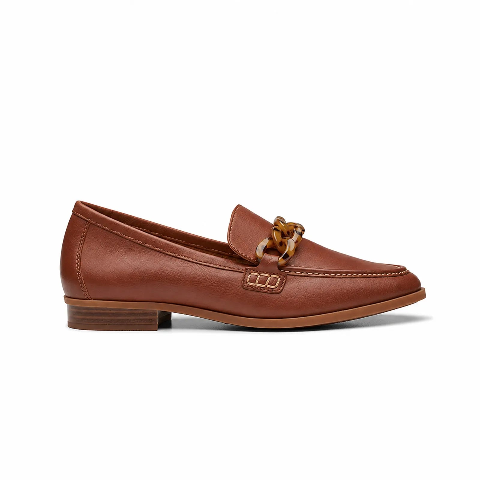 Brown leather women's loafer with gold-tone chain detail and low block heel
