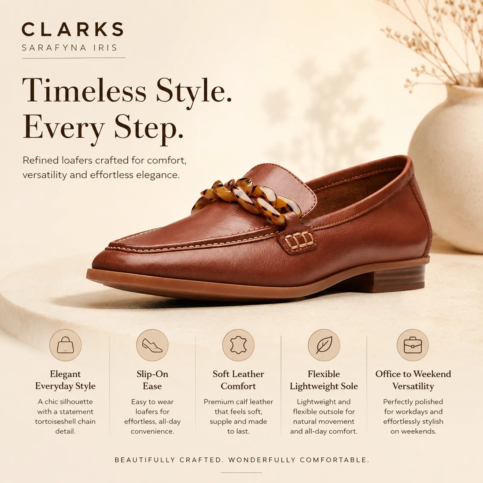Brown leather women's loafers with braided chain ornament and stitched moc toe