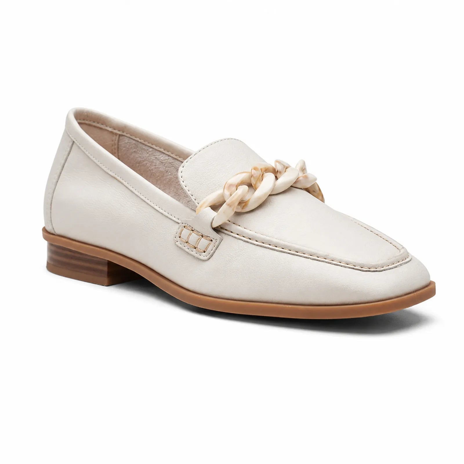 White leather loafers with braided chain detail and low block heel.