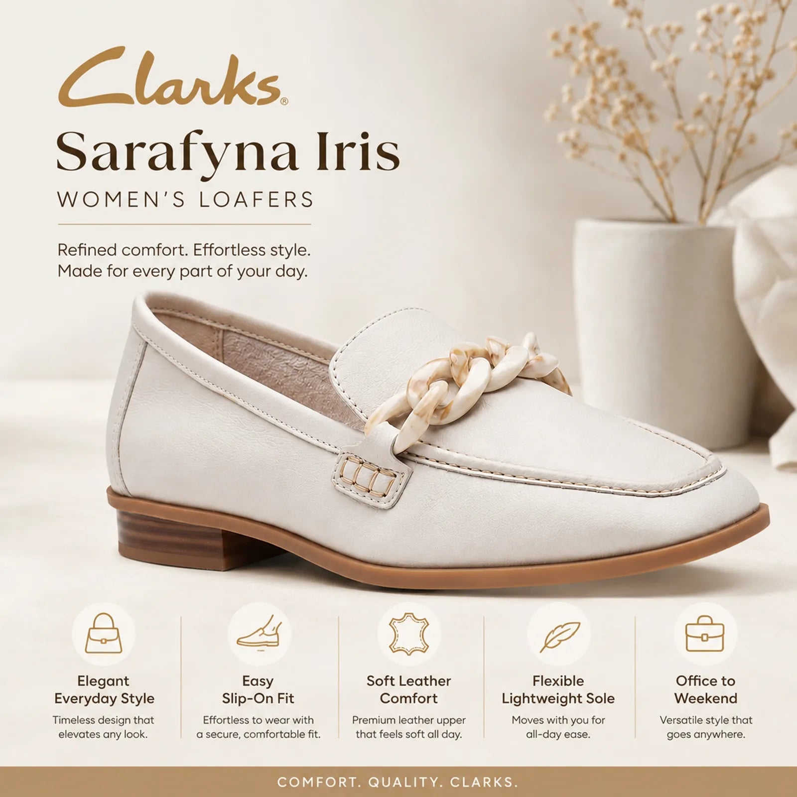 White leather loafers with braided chain detail and low block heel, front side.