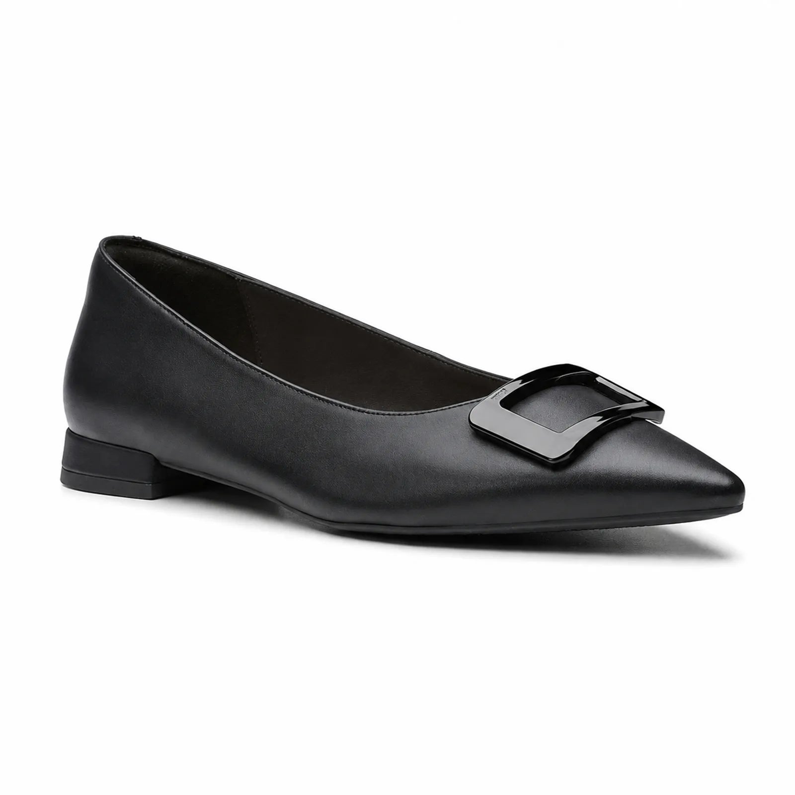 Black women's slip-on loafers with buckle detail and low block heel