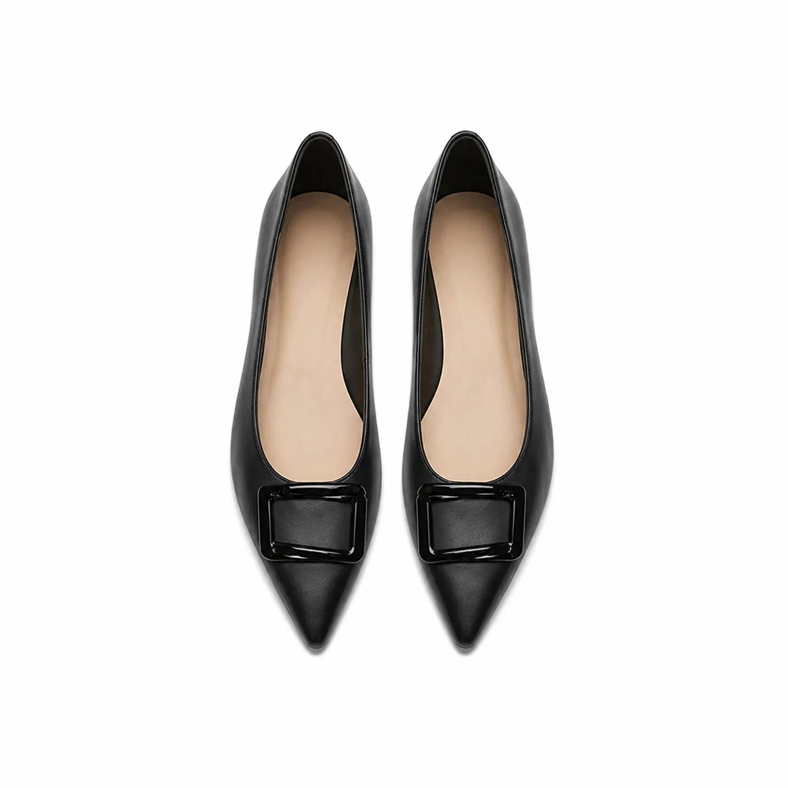 Pair of black women's pointed-toe loafers with buckle strap