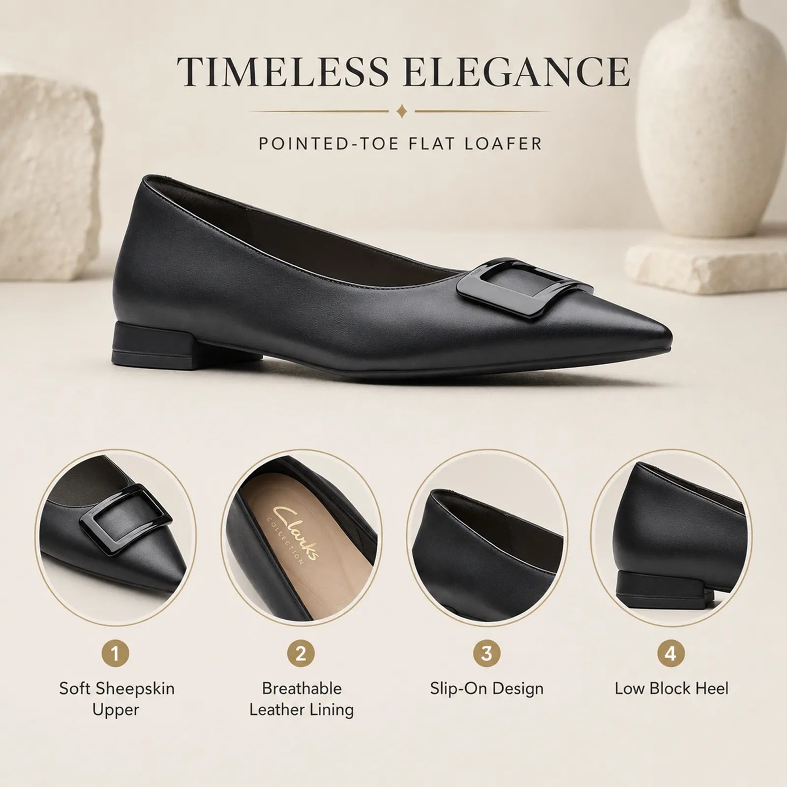 Black pointed-toe flat loafer with square buckle strap and low block heel