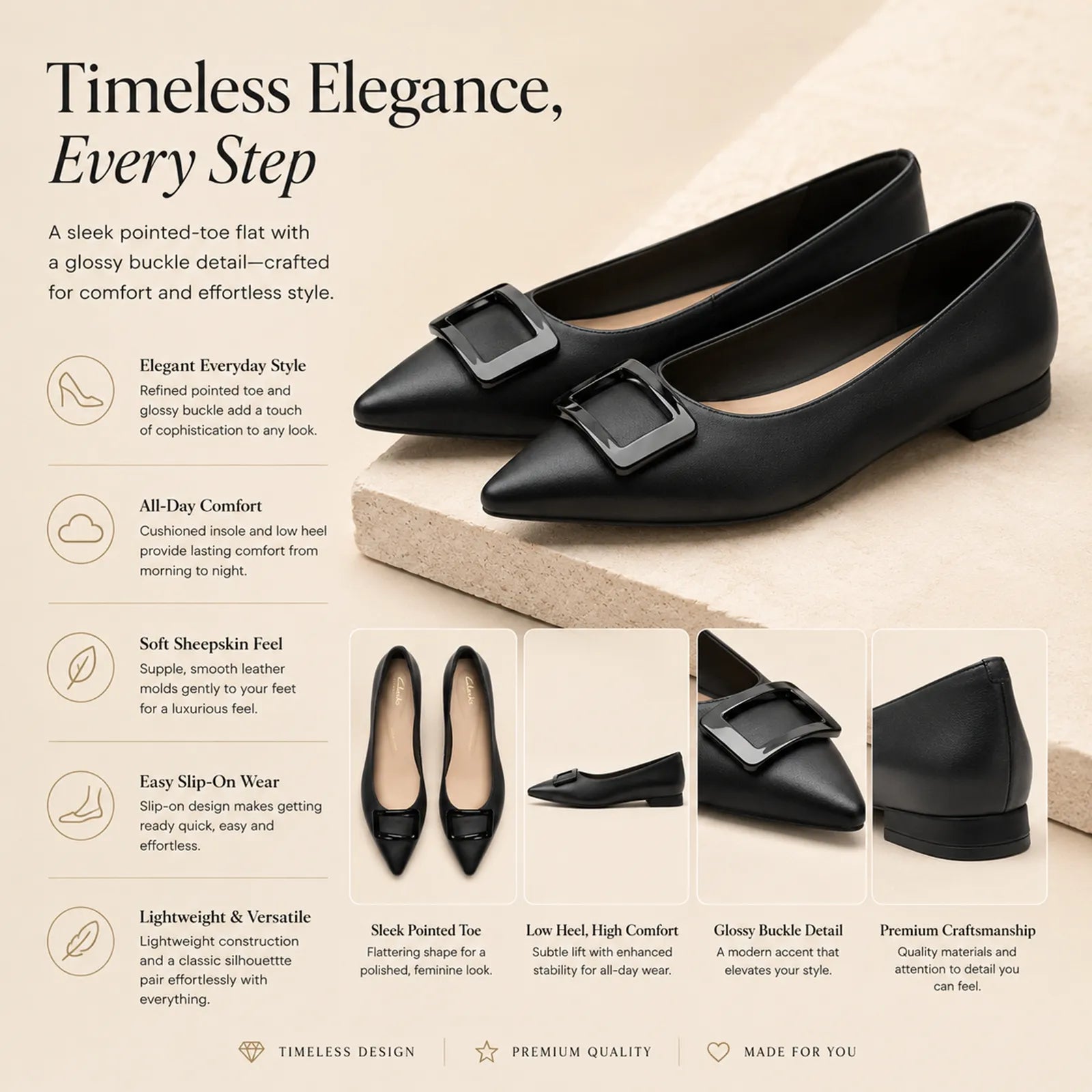 Black pointed-toe double strap loafer flats with square buckle detail