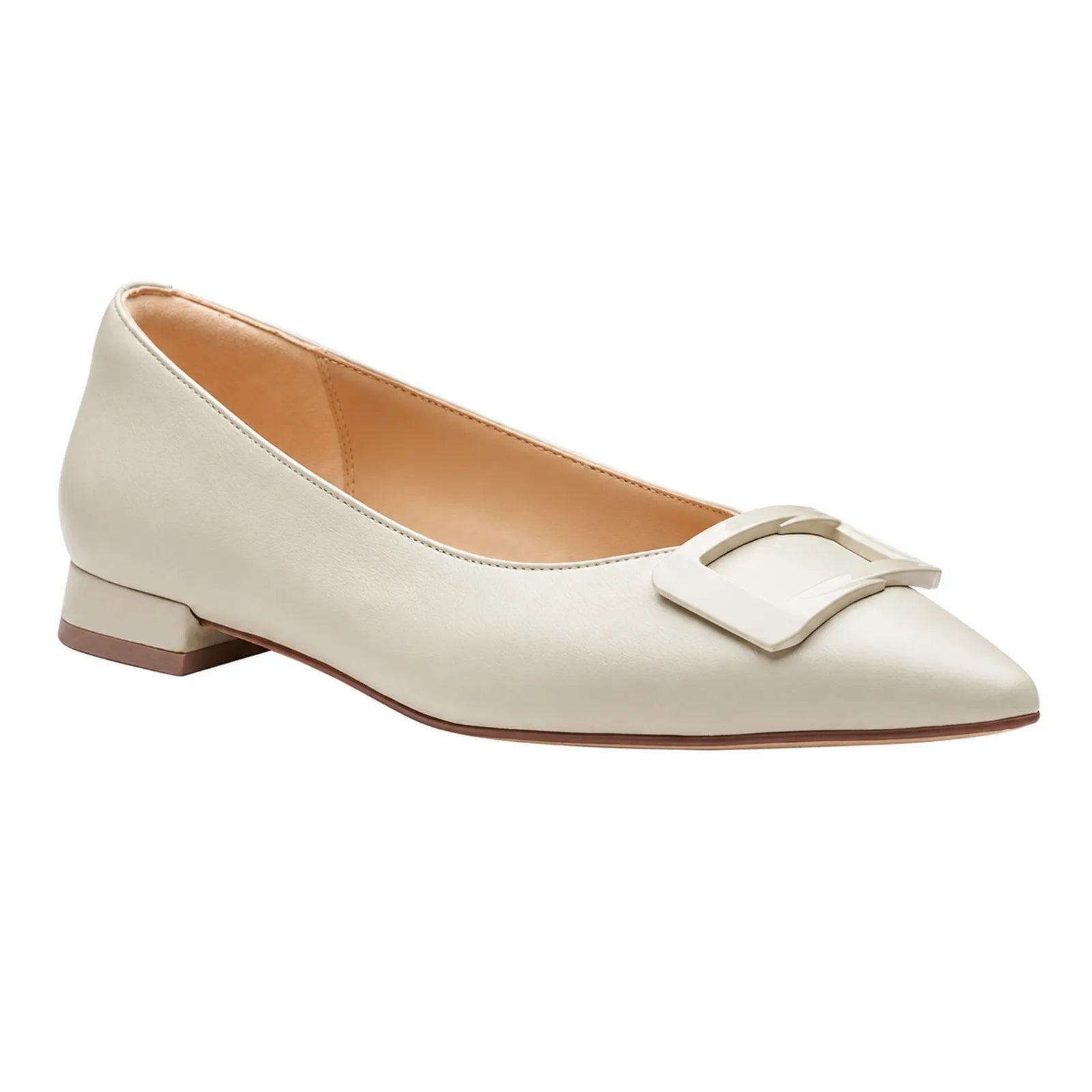 White women's slip-on loafers with buckle detail and low block heel