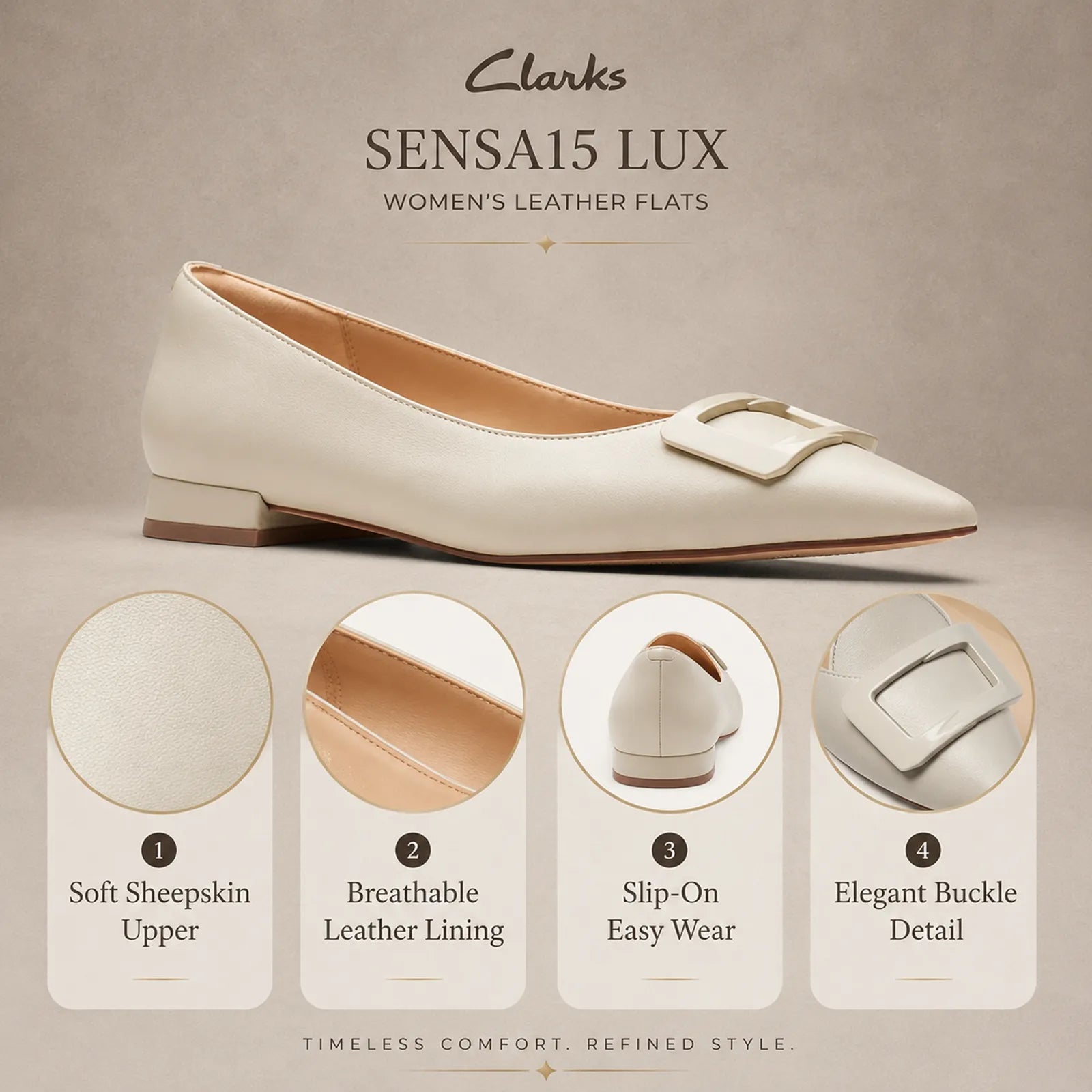 White women's slip-on loafers with buckle detail and low block heel