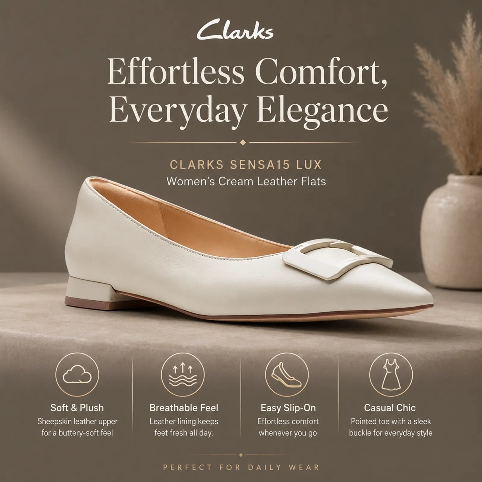 White women's pointed-toe loafers with buckle strap and low block heel