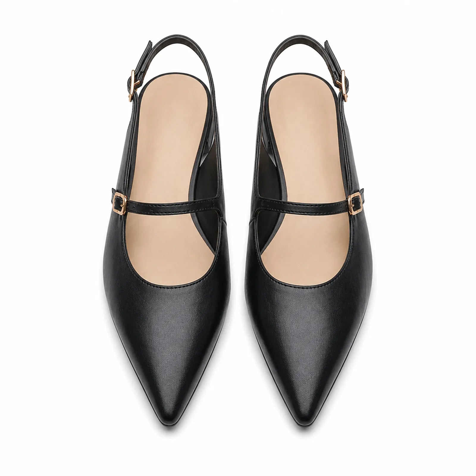 Pair of women's black pointed-toe slingback sandals with buckle strap and low block heel