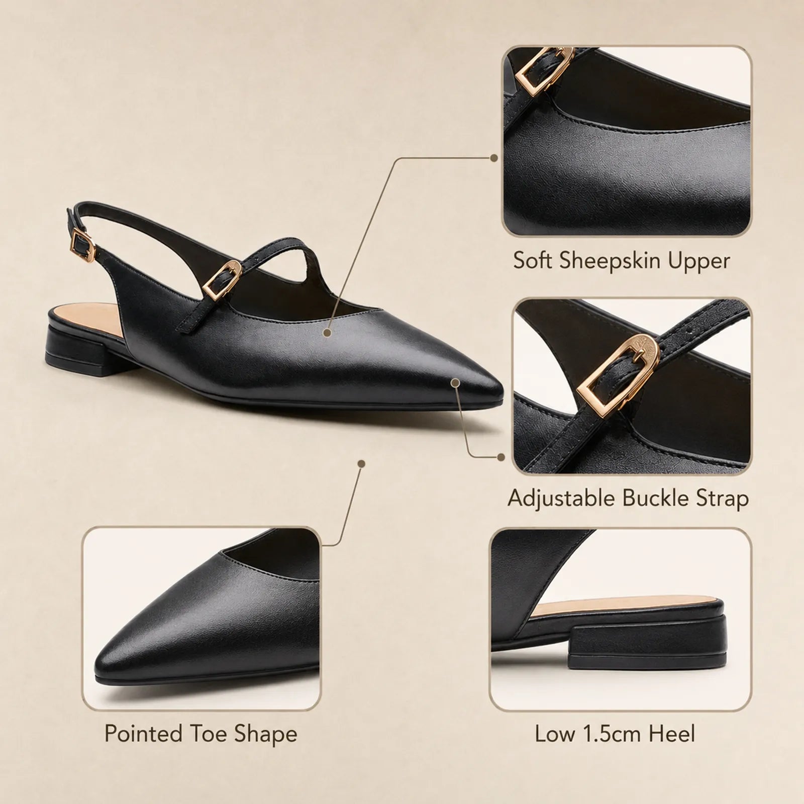 Women's black pointed-toe sandals with adjustable buckle strap and low block heel